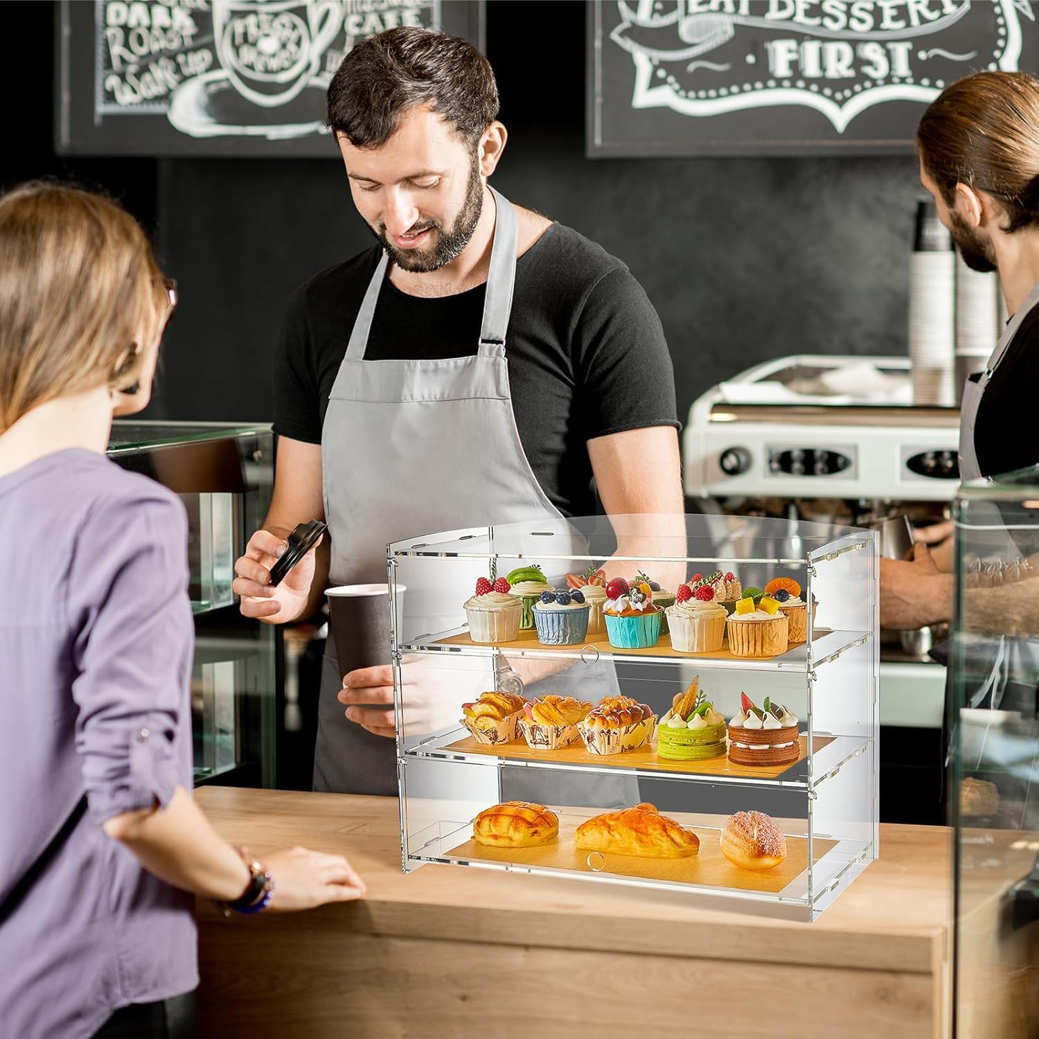 AmorLoco Vitrina 3-niveles para panadería, pastelería, vitrina acrílica transparente, gabinete comercial, sándwiches, pan, caja de donas, queso, galletas, organizador