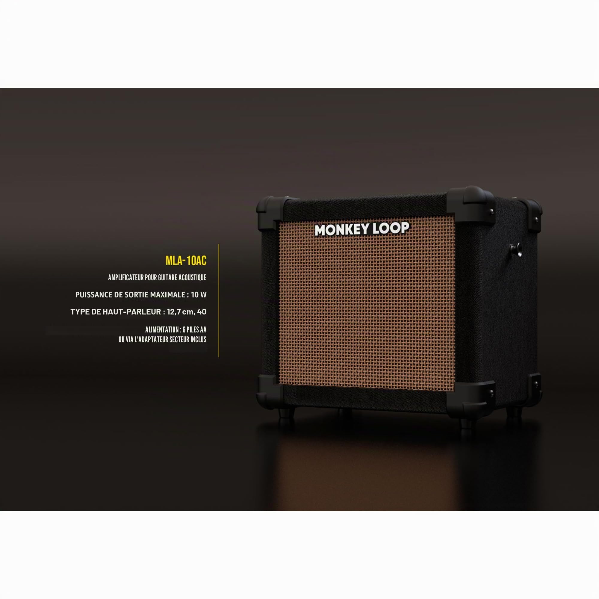 Monkey Loop MLA-10AC - Amplificateur de Guitare Acoustique - Amplificateur Combo 10 W - Haut-Parleur 5 Pouces 4 Ohm - Option d'alimentation avec 6 Piles AA avec Adaptateur Secteur