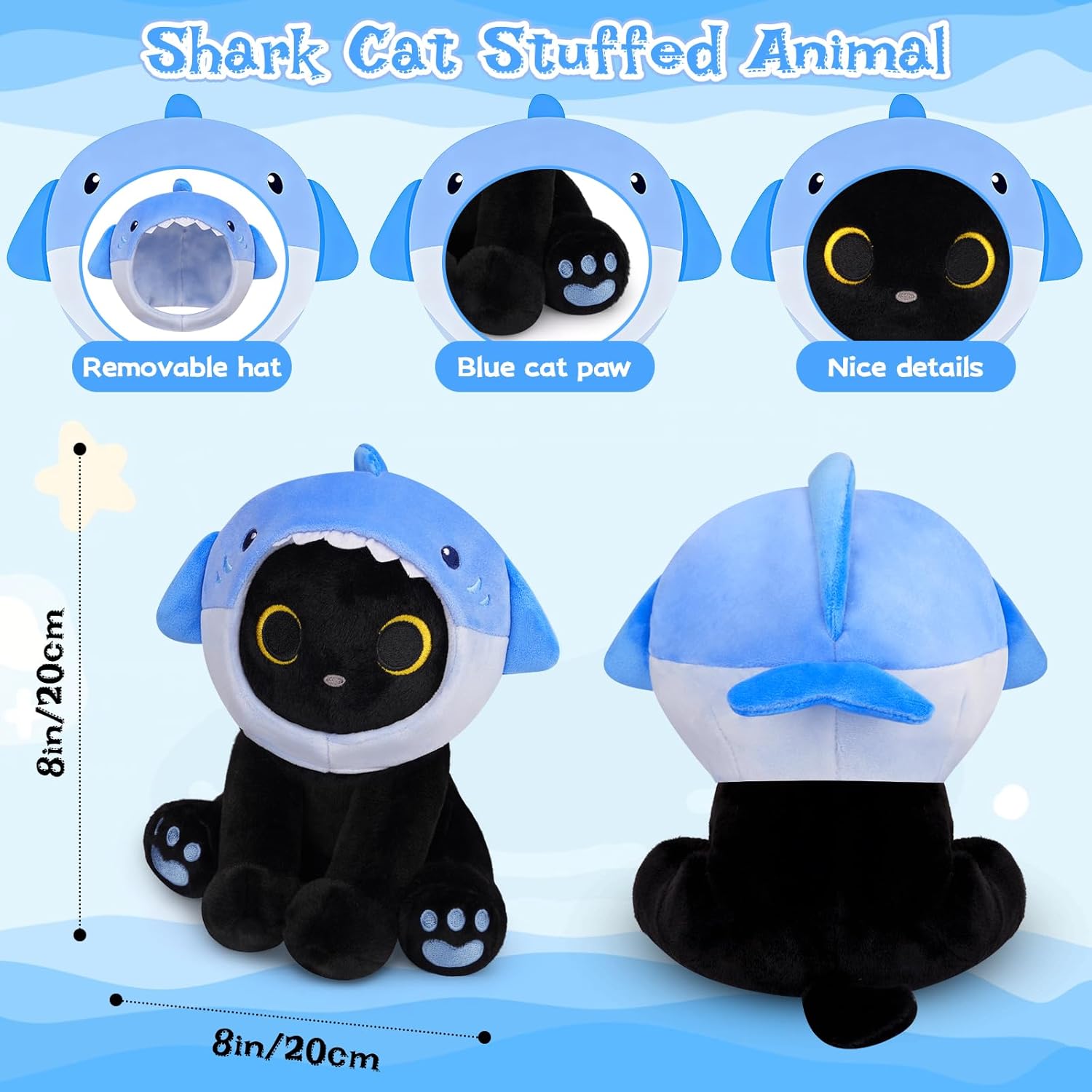 Shark Plush Stuffed Cat, 8inches Black Cat Plush with Blue Shark Hood Removable, Cute Plushies Kawaii Cat Stuffed Animal Doll Toy Valentines Day Gifts for Kids Boys Girl