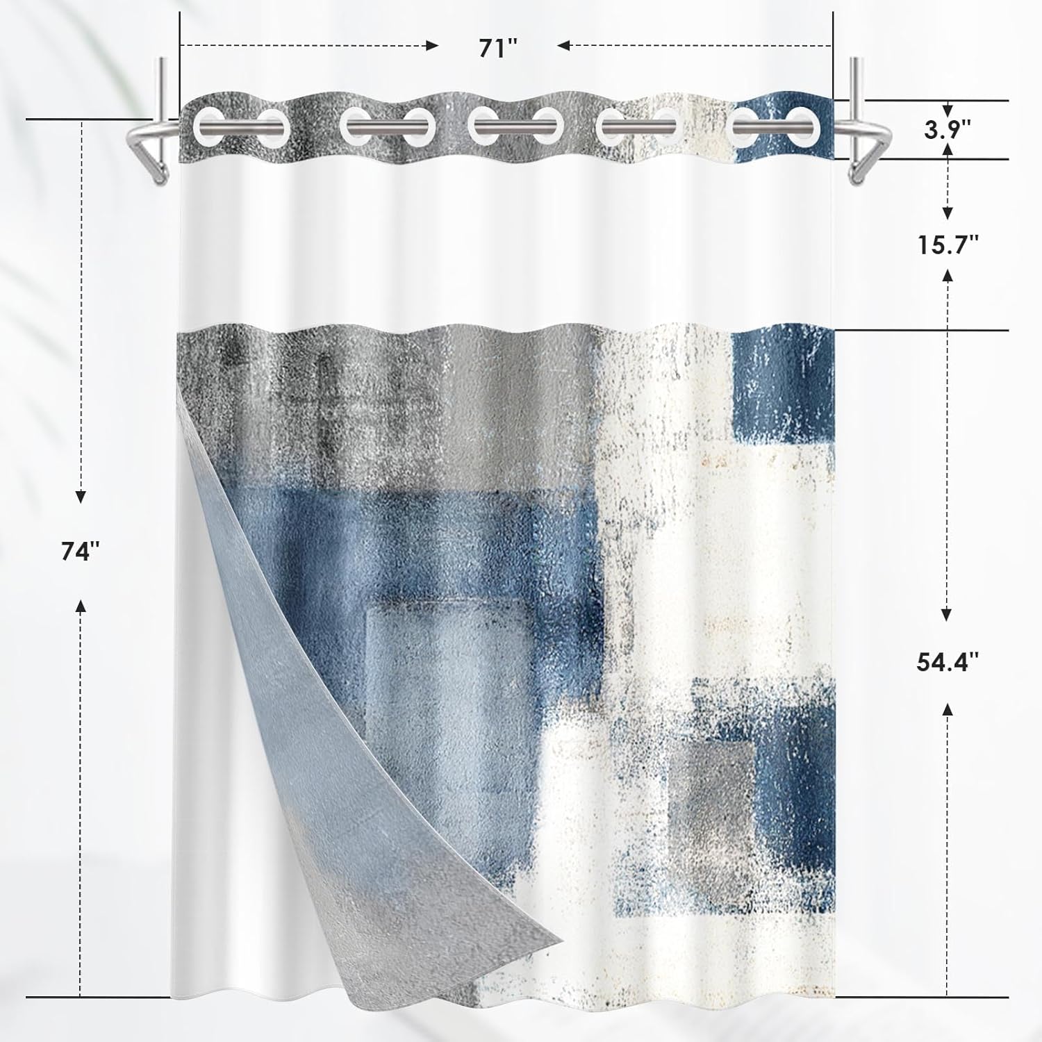 No Hook Blue Grey Painting Shower Curtain with Snap in Fabric Liner Set, Turtle Summer Underwater Animal Double Layers Waterproof with See Through Top Bath Curtain 71x74 Inch