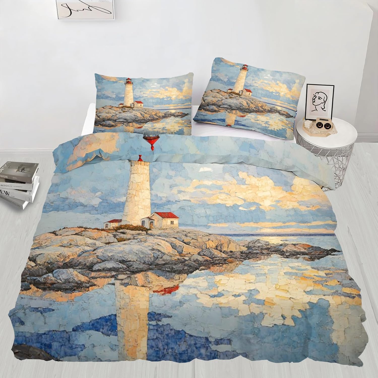 Lighthouse Duvet Cover, Island Reef Bedding Set Cover for Kids Boys Girls Teens, Ocean Scenery Duvet Cover with Zipper Closure and 2 Pillow Shams, Queen Size 90"x90"