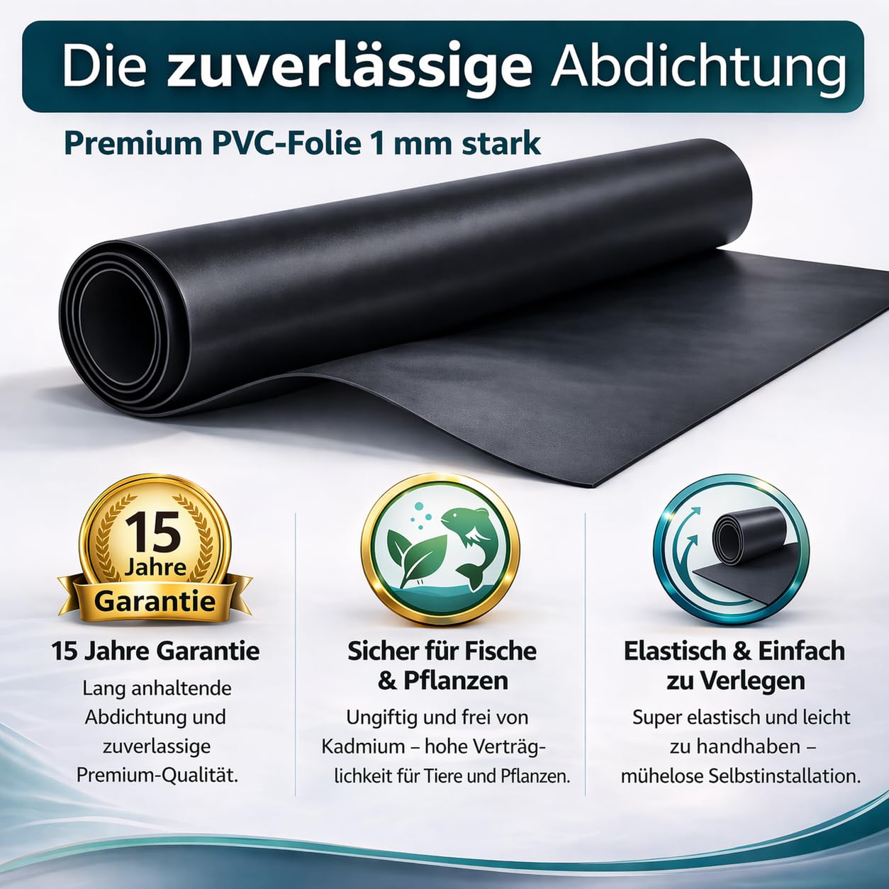 Professionelle Teichfolie PVC 1mm, 15 Jahren Garantie für Gartenteich Schwimmteich UV- und witterungsbeständig (1m x 2m)