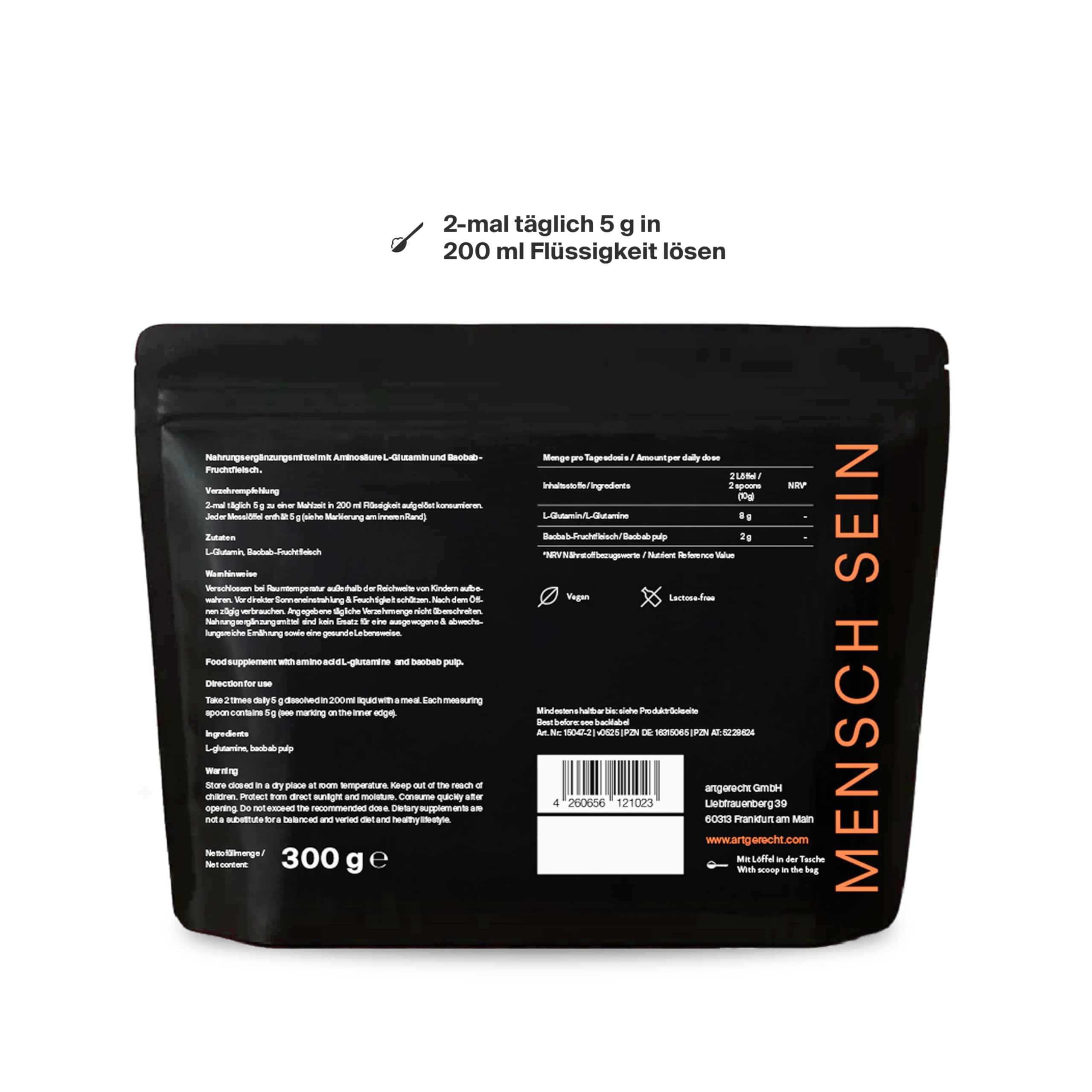 L-Glutamin Baobab Pulver 300 g Ballaststoffe aus Baobab Fruchtfleisch | Unterstützt Darmgesundheit & Verdauung | hochdosiert, 99%+ Reinheit, vegan & ohne Zusatzstoffe