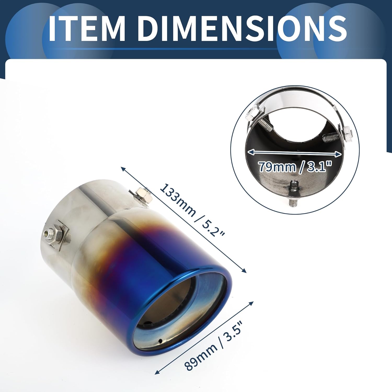 Roll Edge Exhaust Tip Rear 3.1" Inlet 3.5" Outlet 5.2" Length for Car Tailpipe Stainless Steel Burnt Blue Bolt on