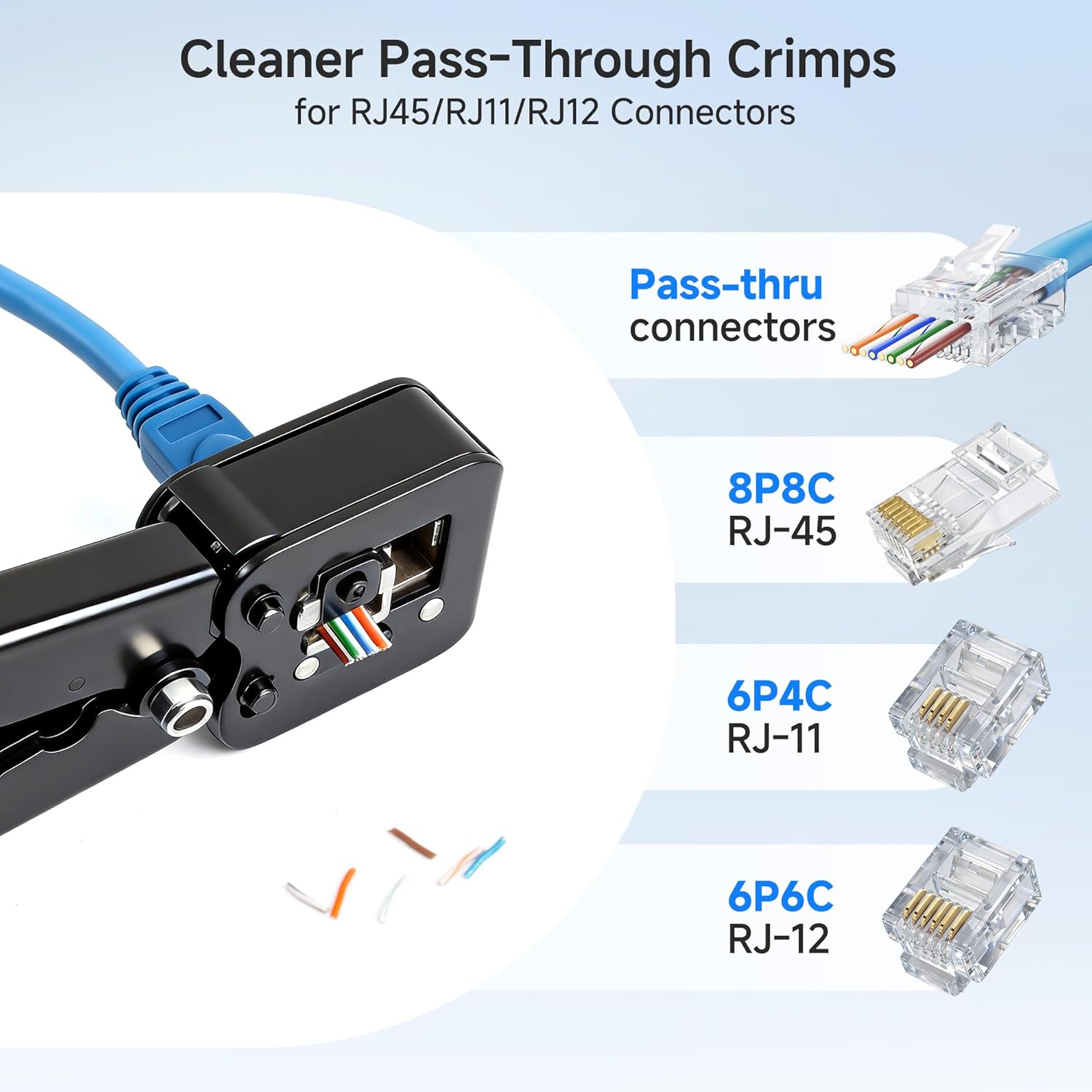 Cable Matters Modular RJ45 Crimp Tool for Pass-Through Connectors (Pass-Through Ethernet Crimper) with Built-in Wire Cutter and Stripper - 10-Pack Cat6 RJ45 Connectors Included