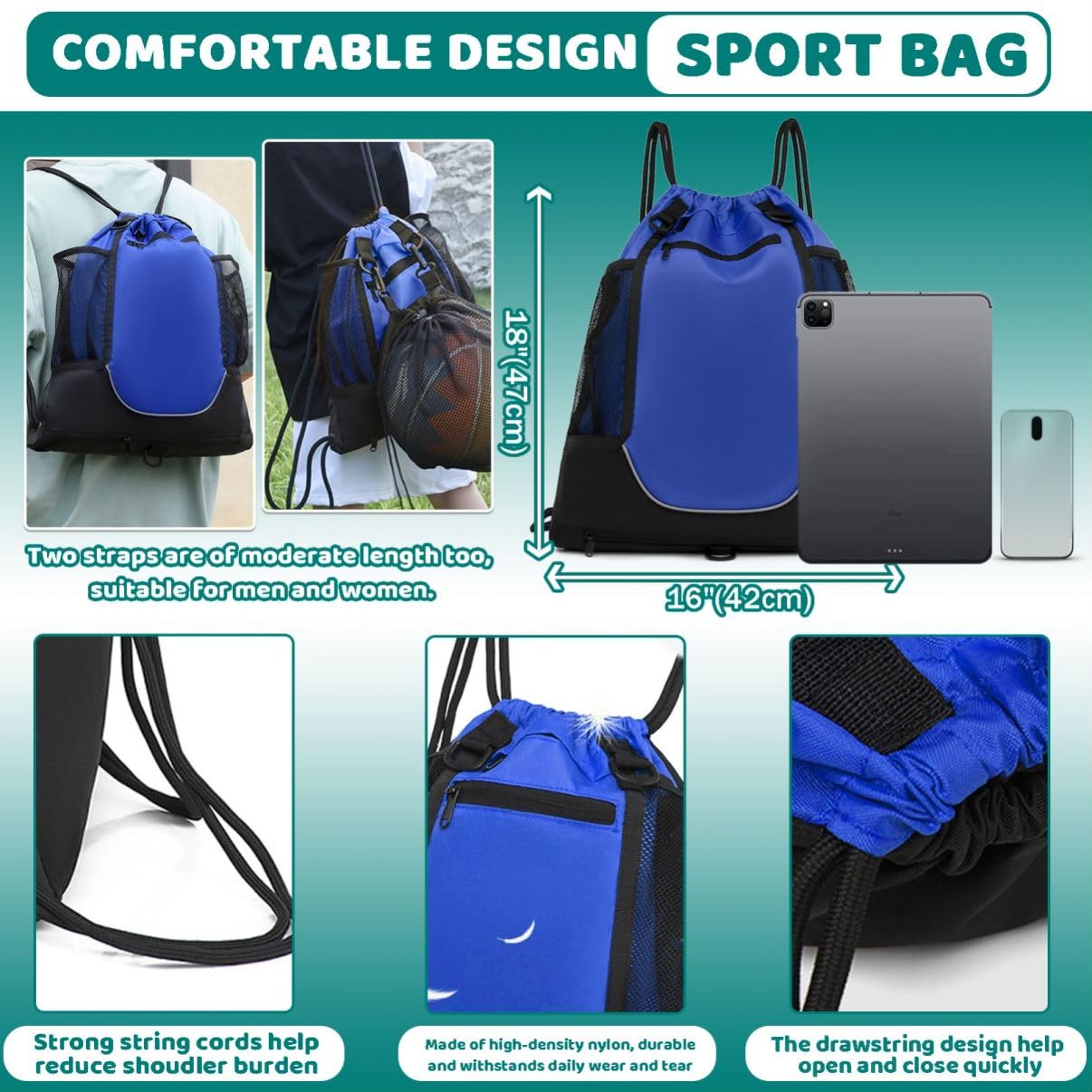 STAY GENT Sac à Dos de Football à Cordon pour Garçons, Sac a Dos Basketball, Sac de Sport Avec Sac en Filet Détachable pour Le Volleyball, Baseball et Le Yoga, Noir, 42 x 47 cm