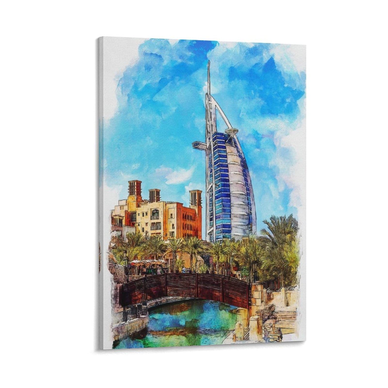 Lcynnh Frame-Style Dubai Burj Al Arab 24X36inch(60X90cm) Vintage Travel Poster Watercolor Canvas Art