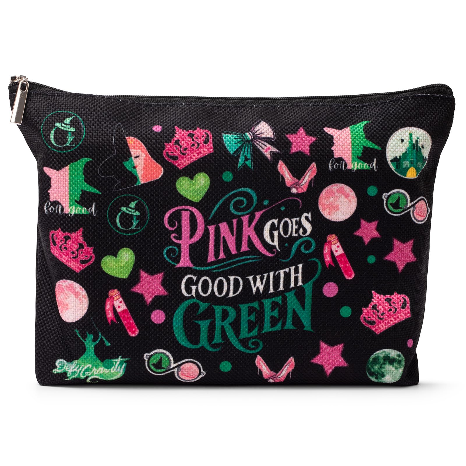 UpfurMach Whimsical ‘Witch’-Inspired Black Cosmetic Bag with Playful Pink and Green Design Women's cosmetic bag with zipper-Perfect for Fans of the