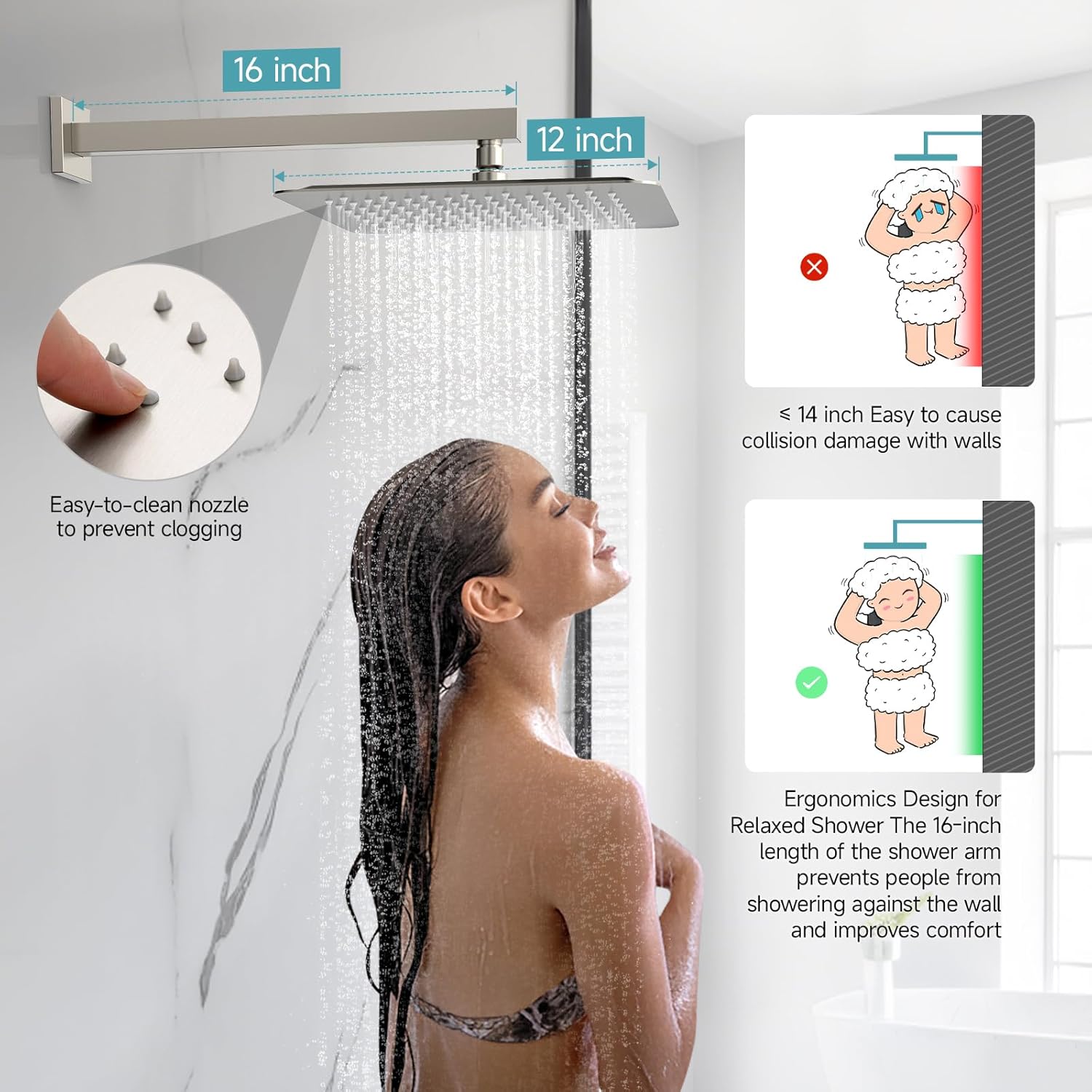 SR SUN RISE Shower System with Push Button Diverter, Wall Mounted Luxury 12 Inch Rain Shower Head with Handheld Spray, High Pressure Shower Faucet Combo Set with Rough-in Valve, Brushed Nickel