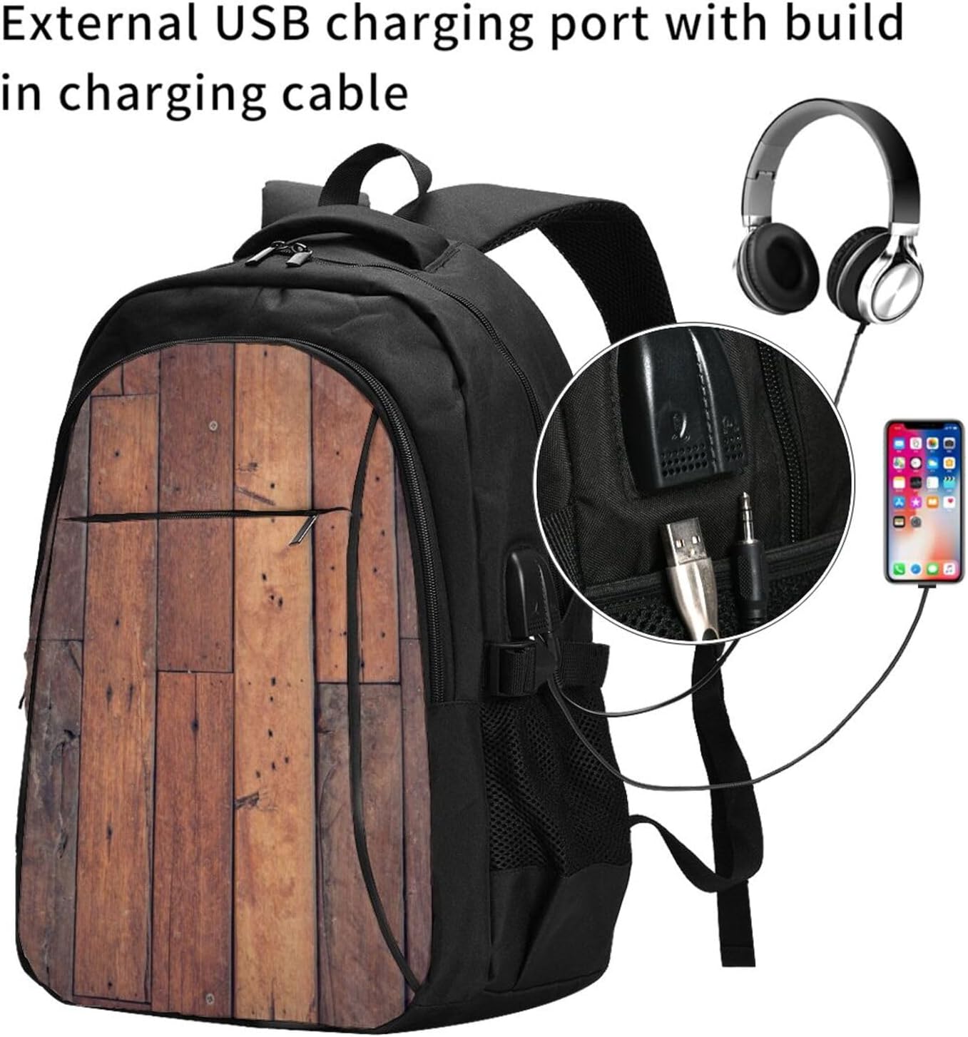 [zhandiffy] 木目模様の床 Usb 充電ポート付きデイパック お祝いプレゼント用遠足バック