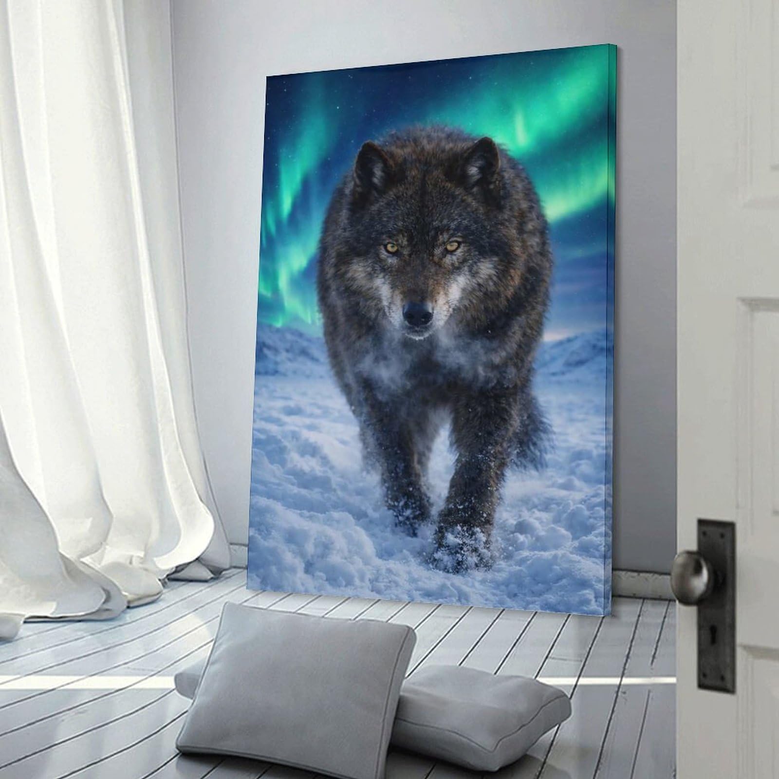 Junmoney Home Decor Wall Art Wolf Under The Aurora Borealis, 20x30inch(50x75cm), for Workspace Walls, Study Corners Or Bedrooms, A Smart Decor Choice for Study Walls