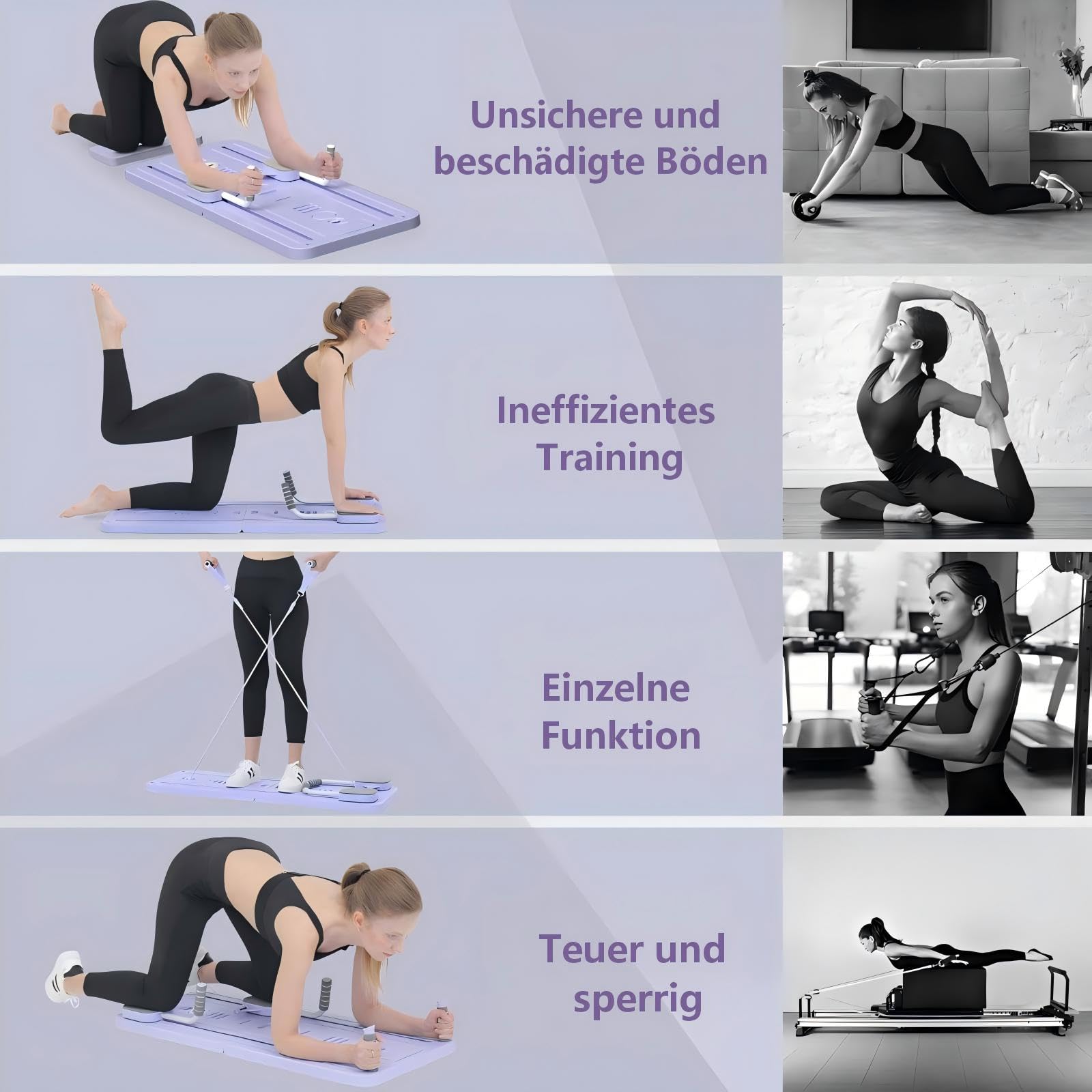 Pilates Board,Upgraded Multifunctional Faltbarer Pilates Reformer,Automatisches Rebound Bauchmuskeltrainer Mit Widerstandsband,Exercise Board for Home Exercises,Lila