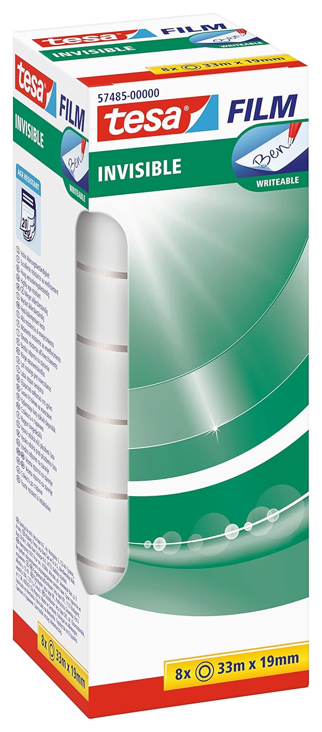 tesa Invisible Matte Invisible Adhesive Tape, ageing-Resistant and Tear-Resistant, 33 m x 19 mm, Pack of 8, Transparent, 33 m: 19 mm