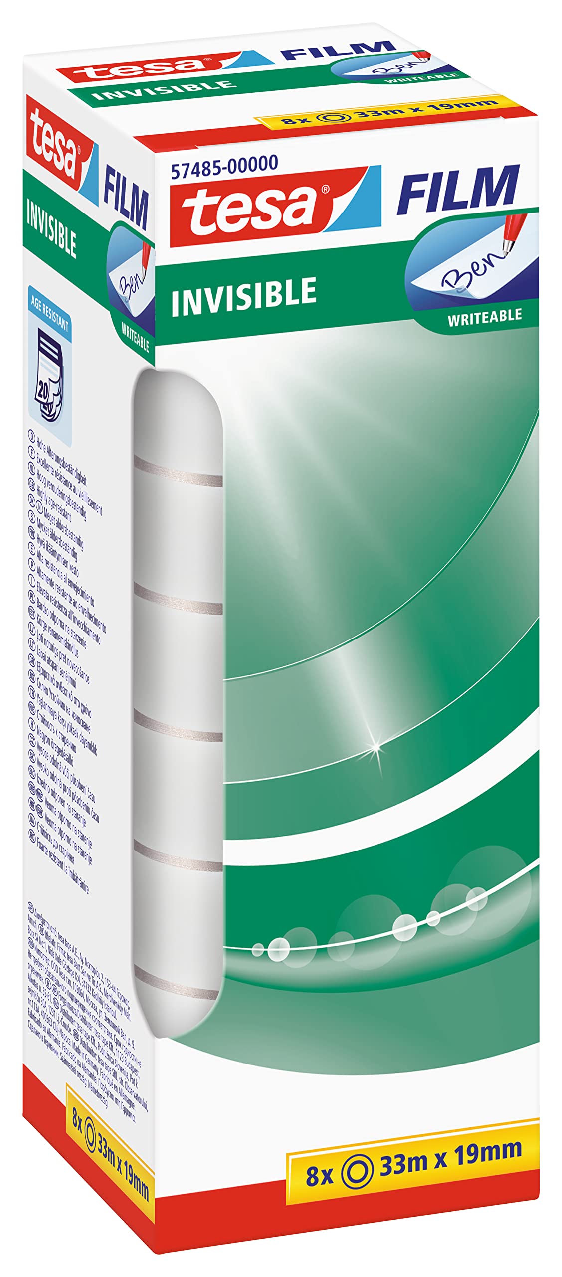 tesa invisible - matt-unsichtbares Klebeband - alterungsbeständig und reißfest - 33 m x 19 mm - 8er Pack, transparent, 33m:19mm