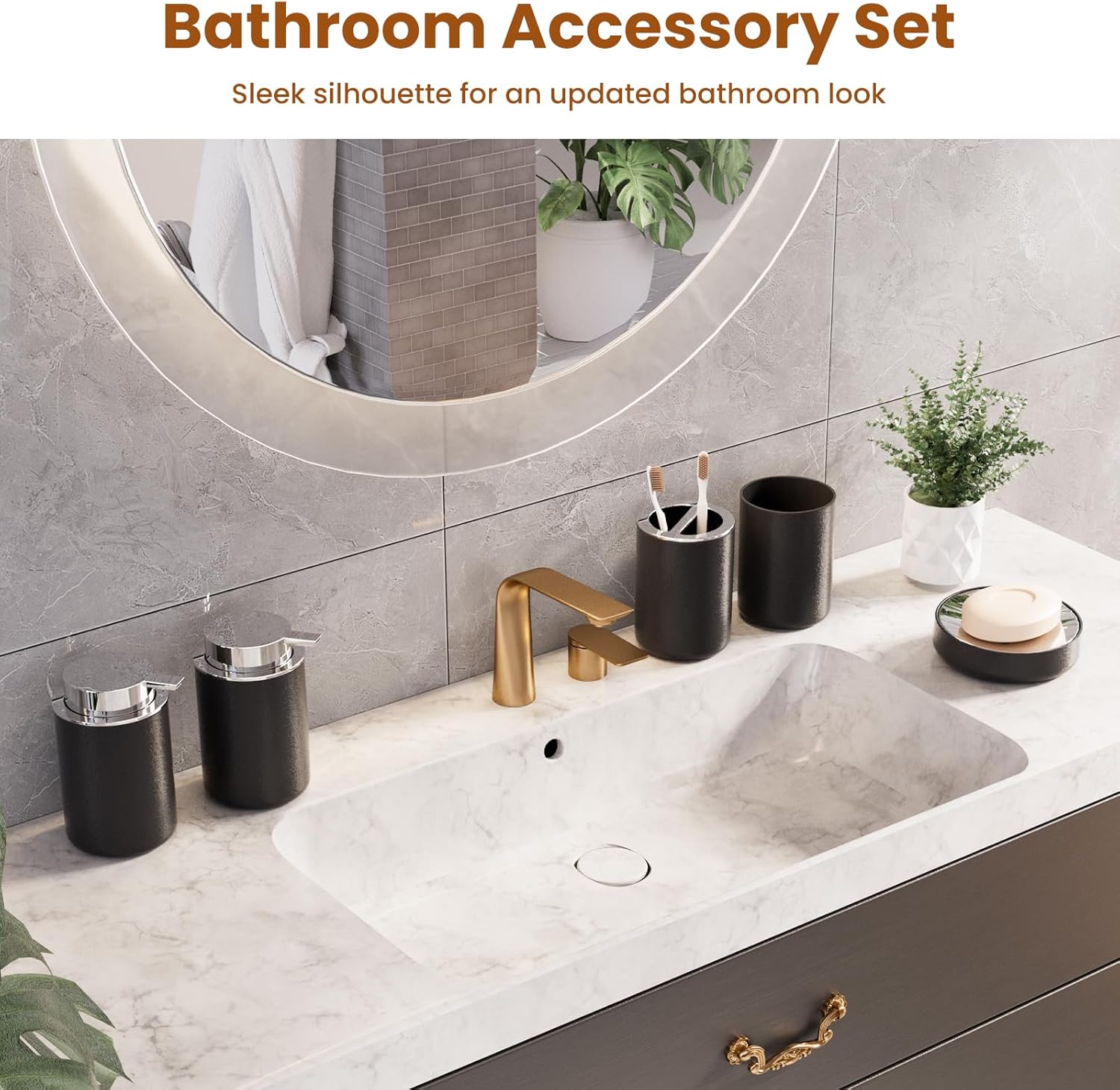 7-Piece Black Bathroom Set with Suction Wall Trash Can - Space Saving Organizer Kit with Toilet Brush, Liquid & Foam Soap Dispenser, Toothbrush Holder, Cup, Soap Dish for Bathroom Kitchen