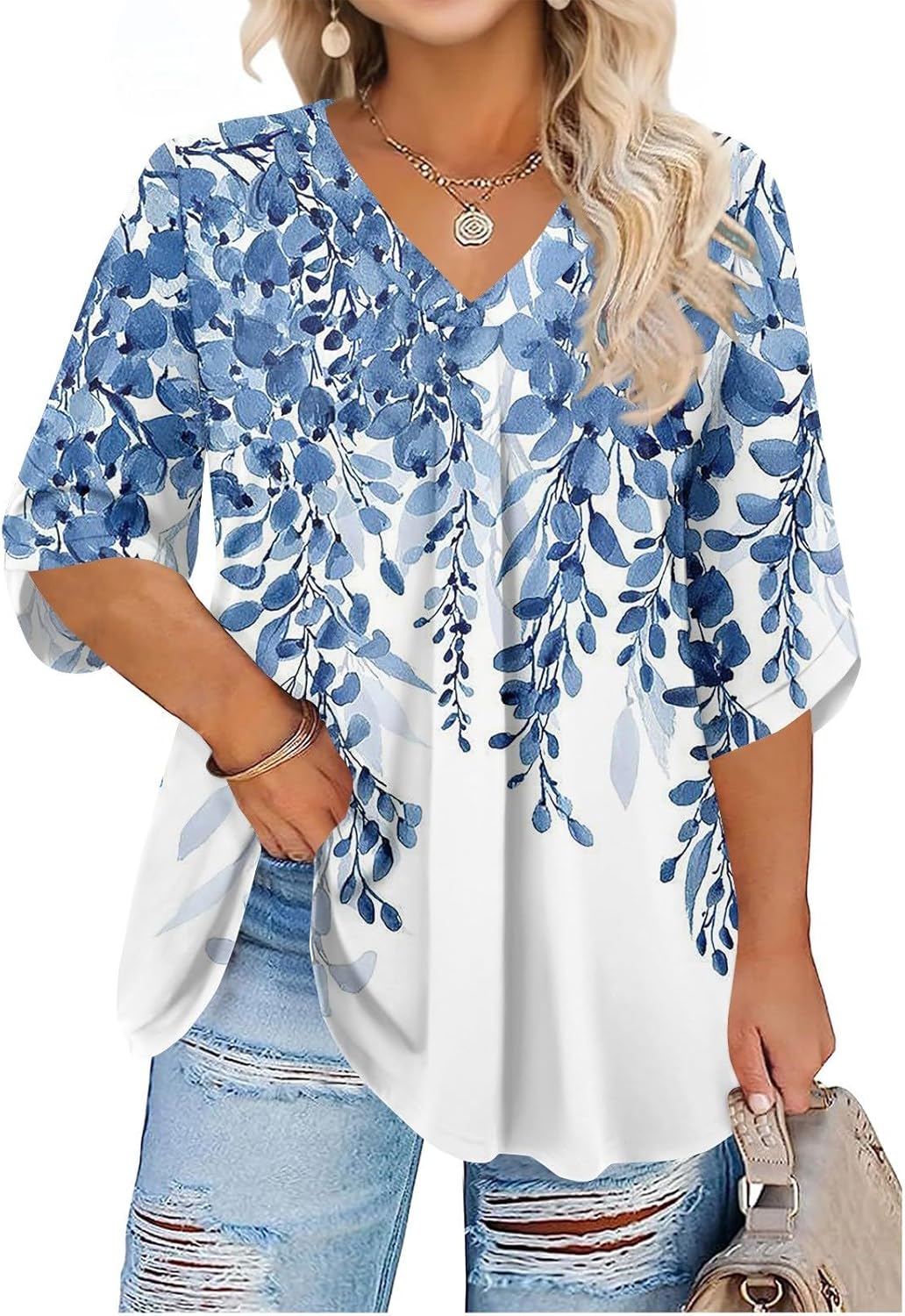 Enmain Femme Tunique à 3/4 Manches Longues Chemise Imprimée à Motifs