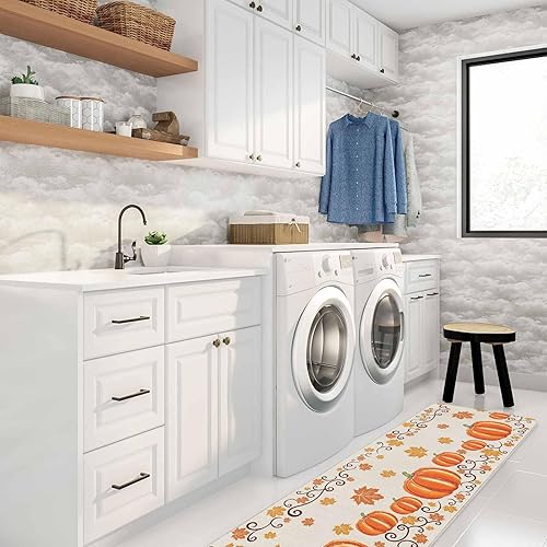 Miniatura 4 de Alfombras de cocina de Acción de Gracias, 2 piezas de hojas de arce y calabaza naranja, antideslizantes, para piso, alfombra de pasillo lavable para