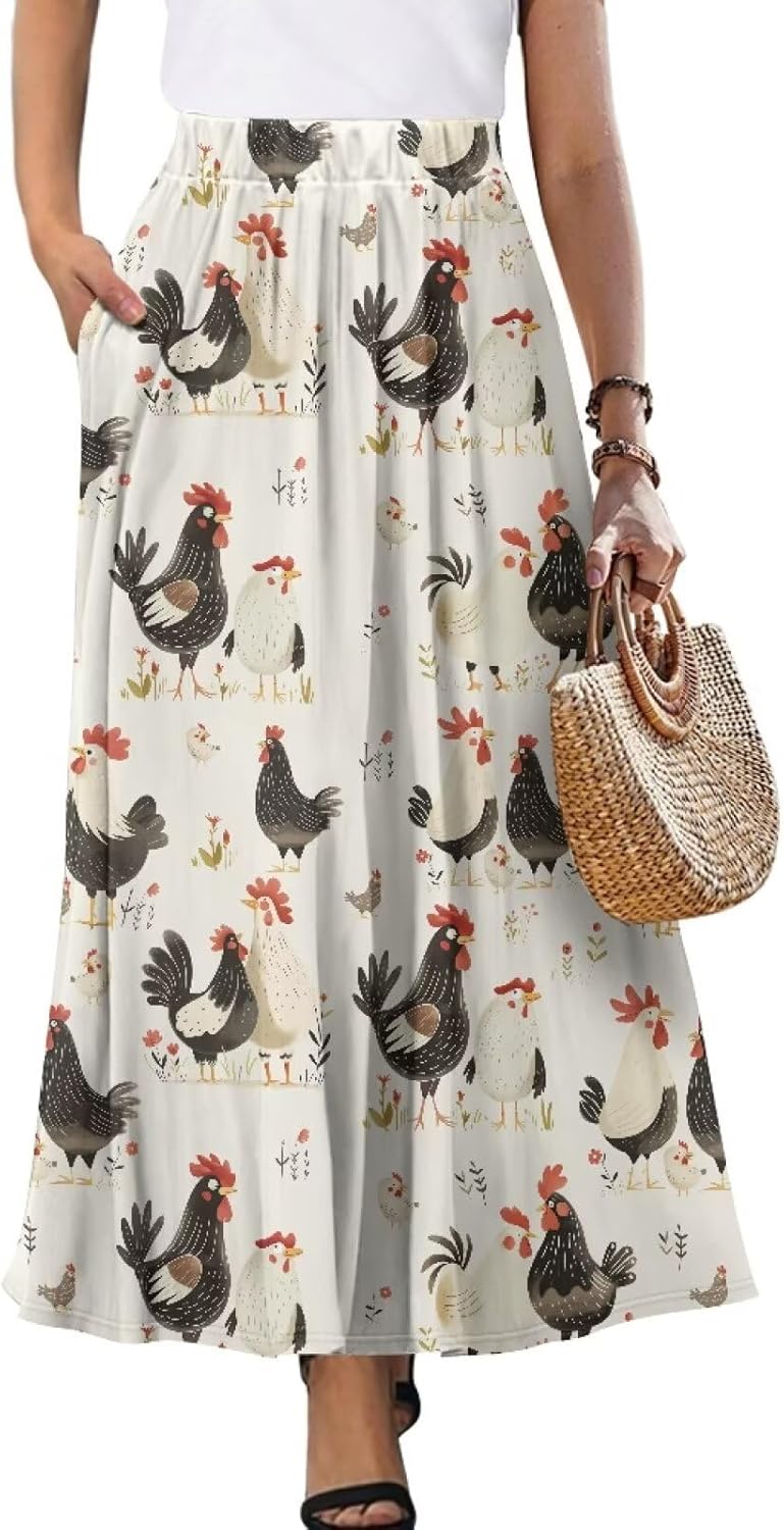 Women's Flowy Maxi Skirt High Waist Leopard Skirts with Pockets Elegant Going Out Work Party A-Line Skirt Summer