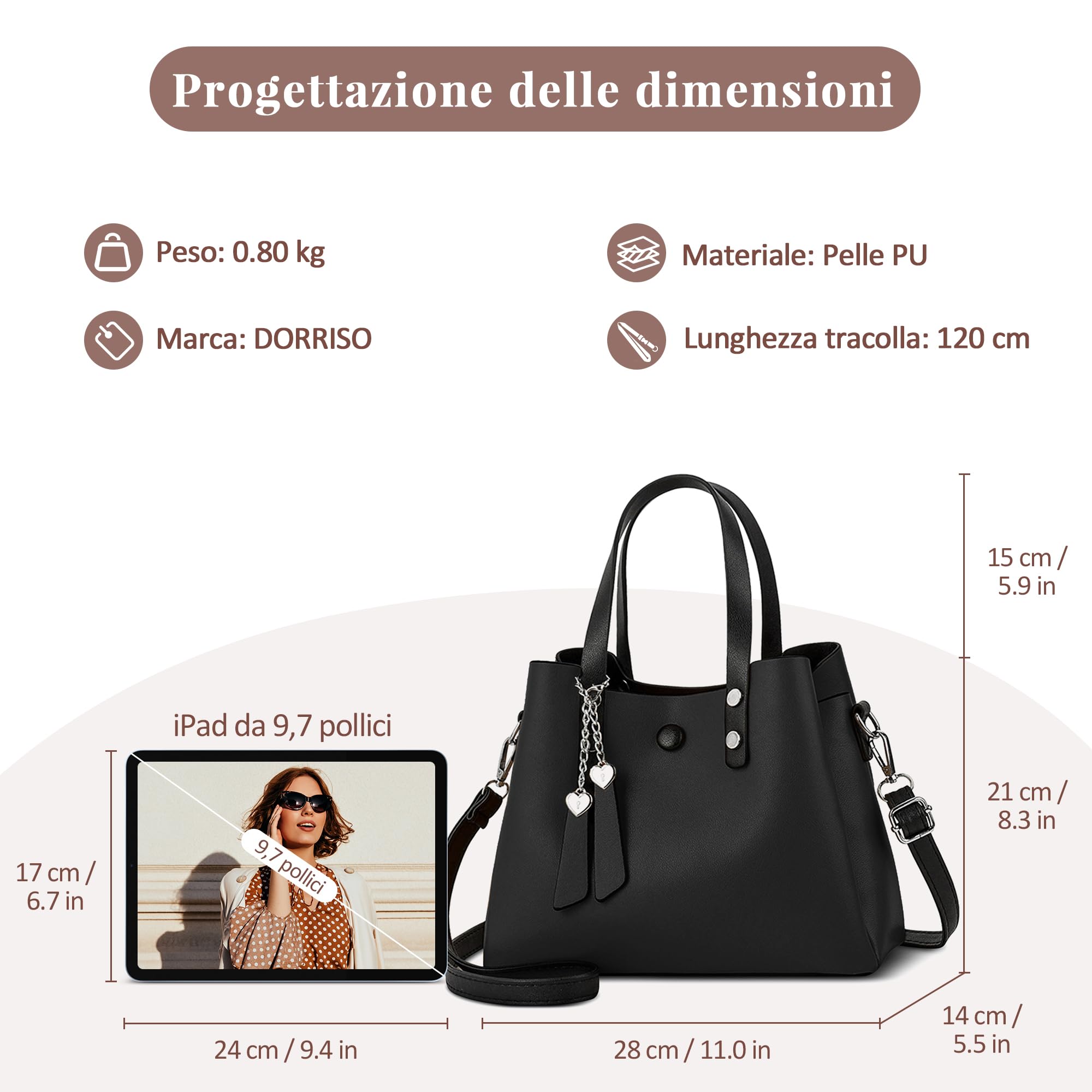 Borsa Donna in PU Pelle, Borsa a Mano Elegante con Tracolla Regolabile e Rimovibile, Shopper Capiente per Lavoro, Shopping, Viaggio e Uso Quotidiano Nero