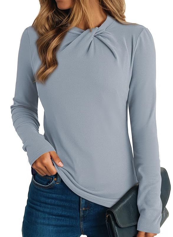Dokotoo Womens Tops Business Casual Outfits Long Sleeve Shirts Mock Neck Twist Knot Slim Fit Soft Stretch Tees Blouses XX-Large Light Blue