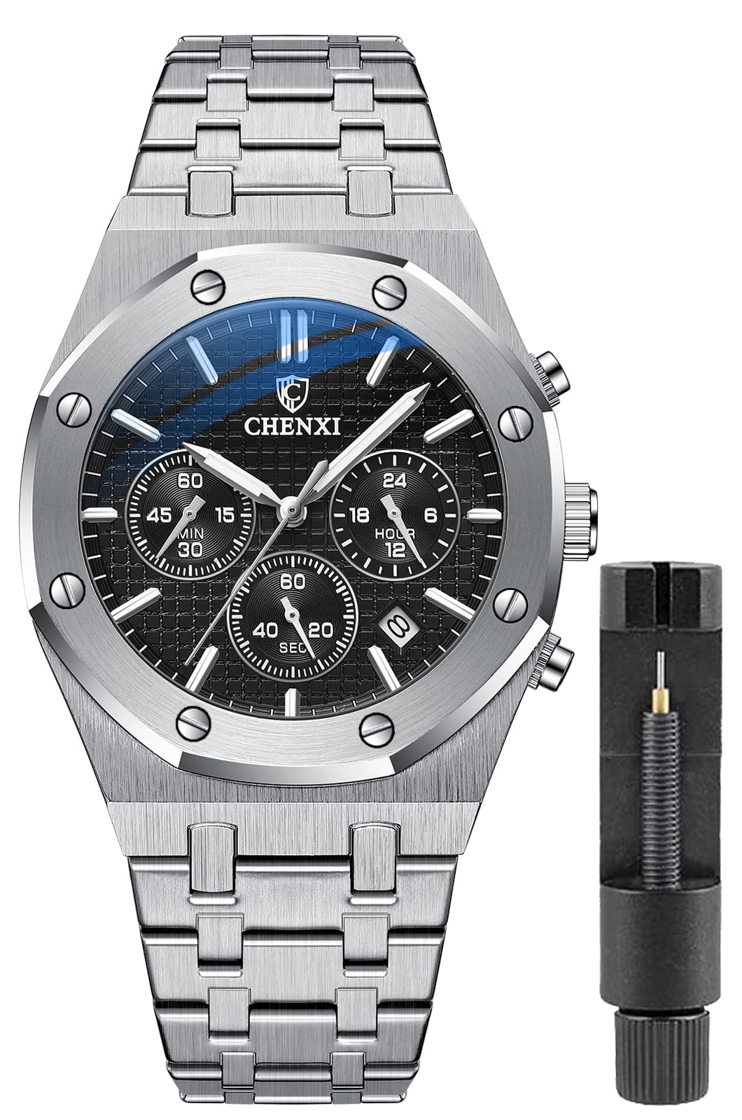 Gosasa Luxury Men's Watch Chronography Business Quartz Watch for Men Calendar Luminous Fashion Male Wristwatch Waterproof Stainless Steel Strap Silver Black
