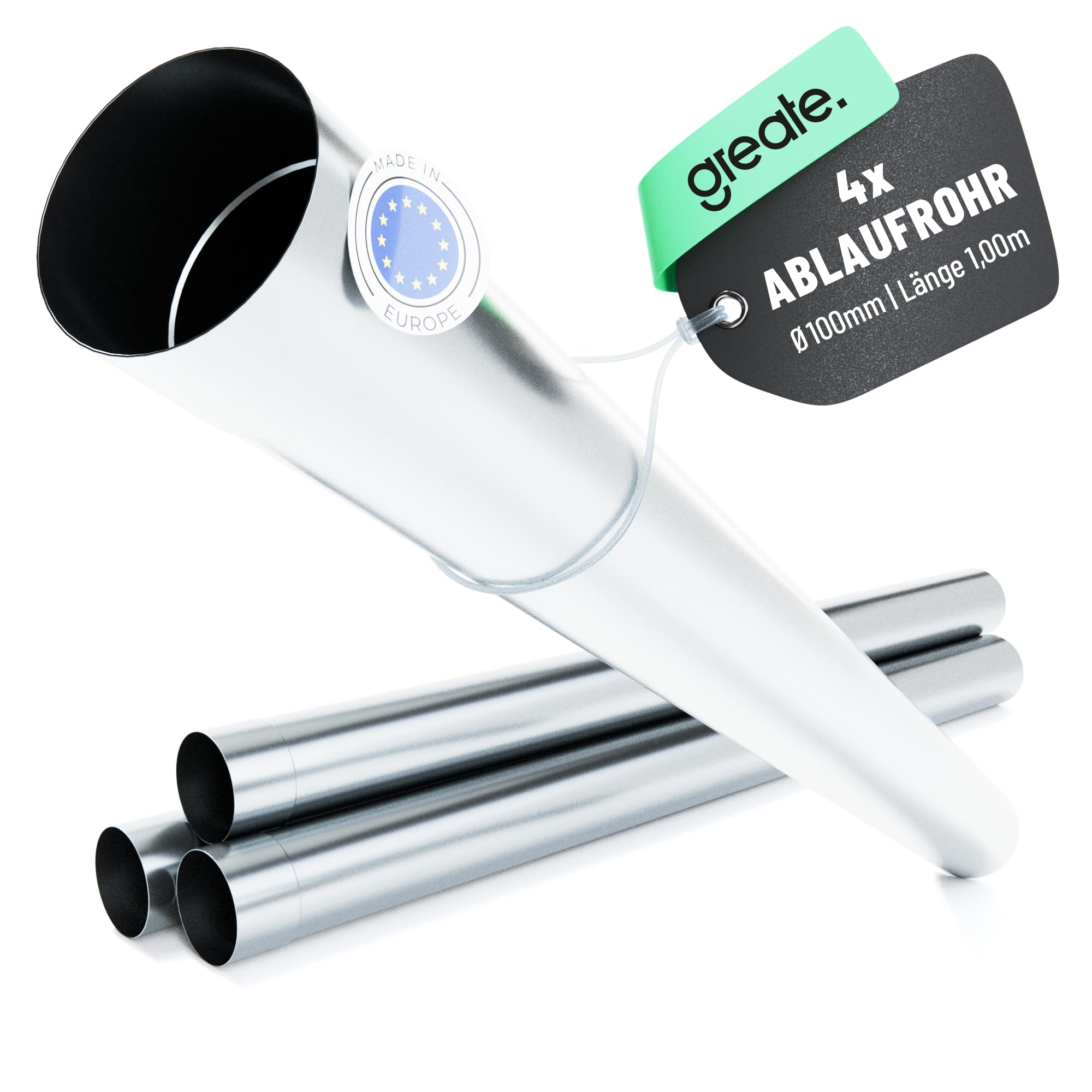 greate Tubo pluviale zincato diametro 100 mm e lunghezza 1 m | Confezione da 4 - pluviale con manicotto per facile montaggio a innesto - accessorio grondaie - scarico acqua piovana
