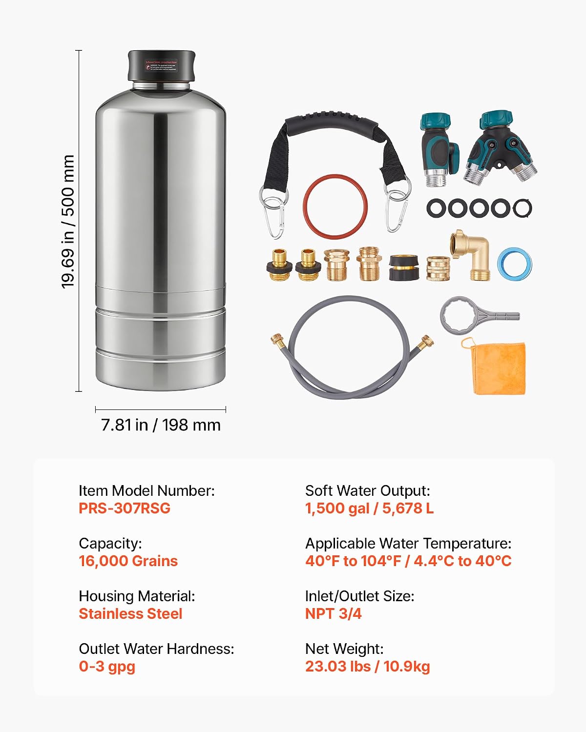 VEVOR RV Water Softener, 16,000 Grain, Portable Water Softener with NPT 3/4" Fittings, Food-Grade Resin, Stainless Steel, Quick Connect, for RVs, Trailers, Boats, Mobile Car Washing, Pressure Washing