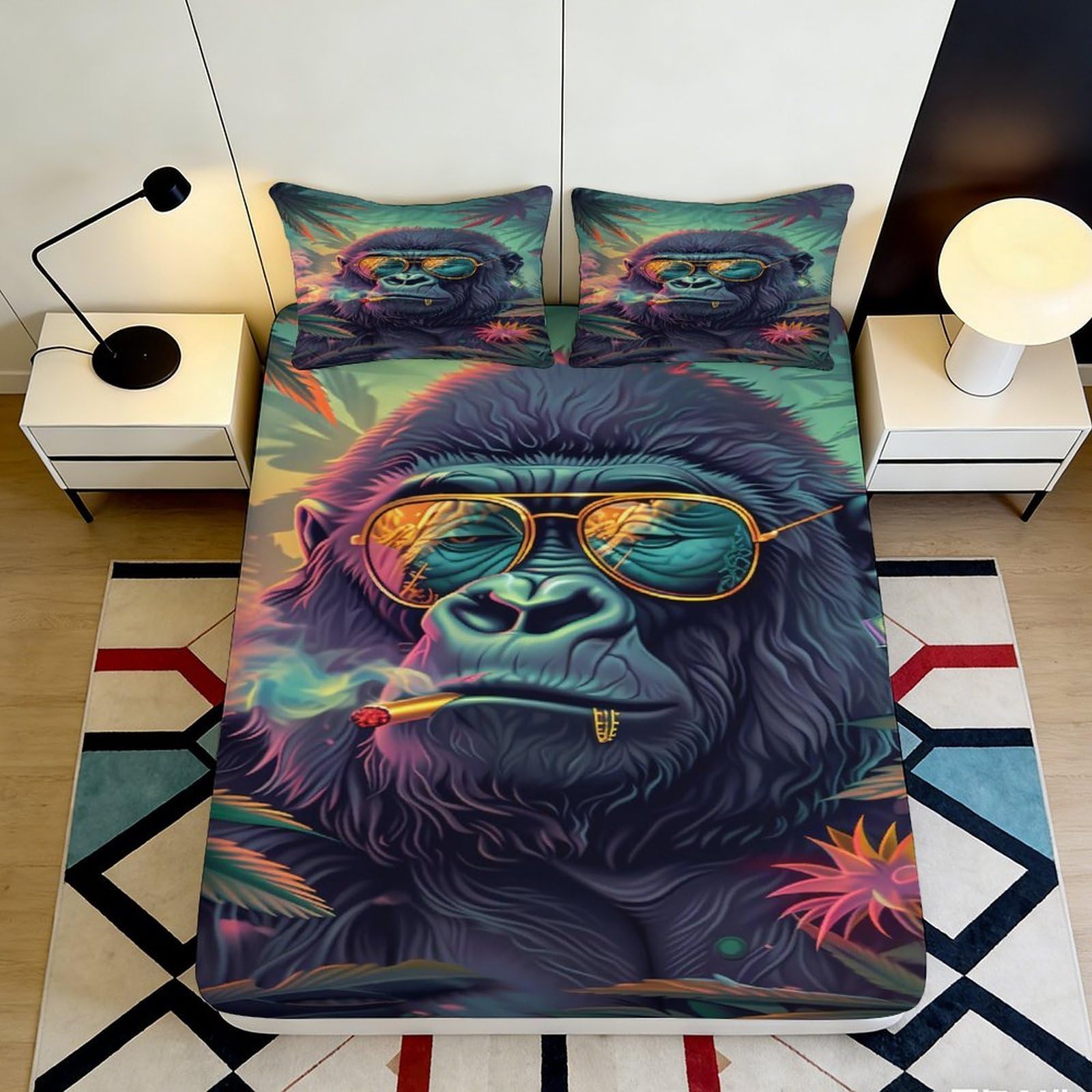 3D Printed Cool Gorilla Sunglasses Fitted Sheet Microfiber Anti-Slip Bed Cover for Bedroom Dorm Youth Decor 90x200x25cm