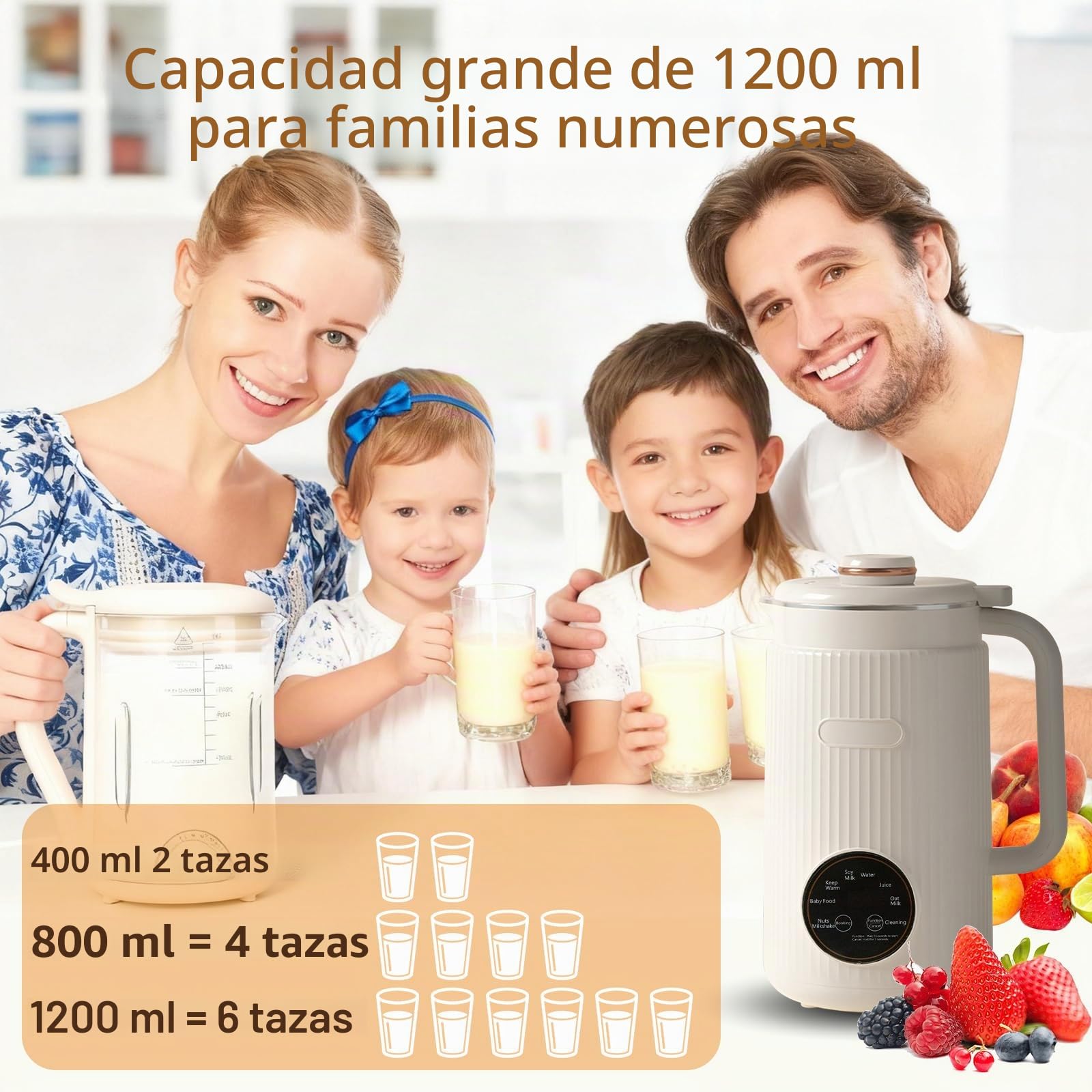 Máquina de Leche de Soja de 1200 ml, Fabricadora de Leche de Nueces y Soja con 10 Cuchillas, 8 Menús, Seguridad Infantil con Apagado Automático & Autolimpieza, Incluye Recetas para Leche Vegetal DIY