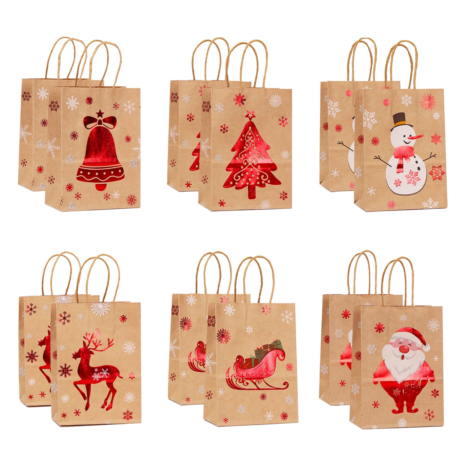 WRSION 12Pcs Christmas Kraft Gift Bags, Christmas Bags for Presents Xmas Paper Gift Bags with Handles for Xmas Gift Wrapping and Party Supplies - 21 x 15 x 8 cm