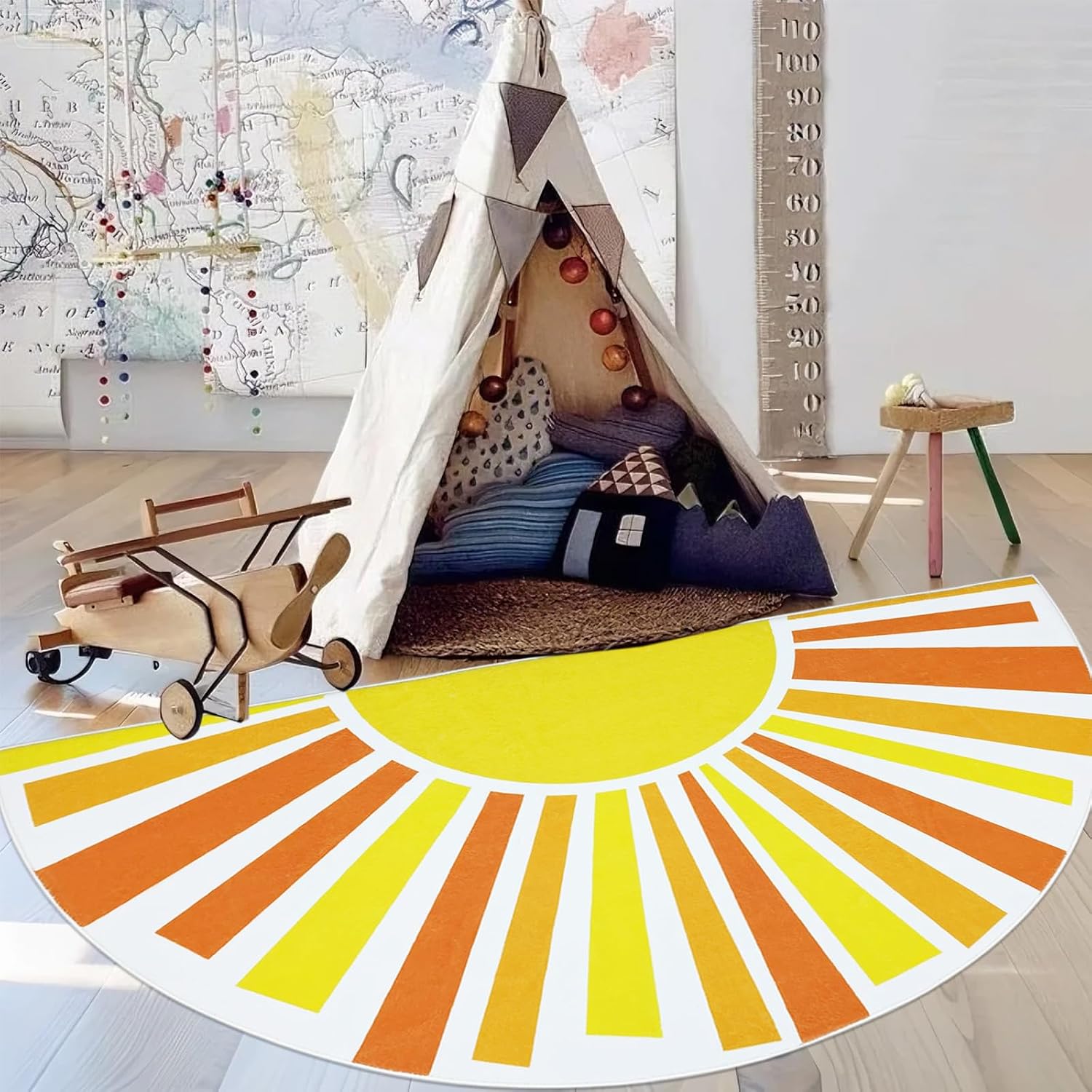 Half Circle Boho Sun Kids Rug 3x6Ft Half Round Sunshine Bedroom Carpet for Boys Girls Semi Circle Playroom Classroom Living Room Mat for Children, Washable Sunrise Doormat, Yellow/Orange