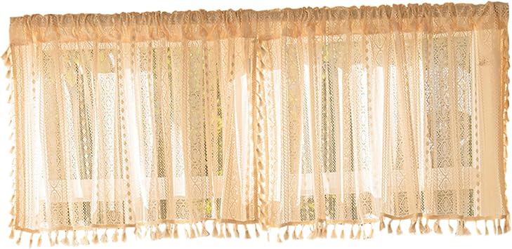 Boho Kitchen Curtains 58x18in Hollow-Out Short Boho Curtains with Tassel Rod Pocket Lace Valance for Living Room Farmhouse Balcony Bedroom Kitchen