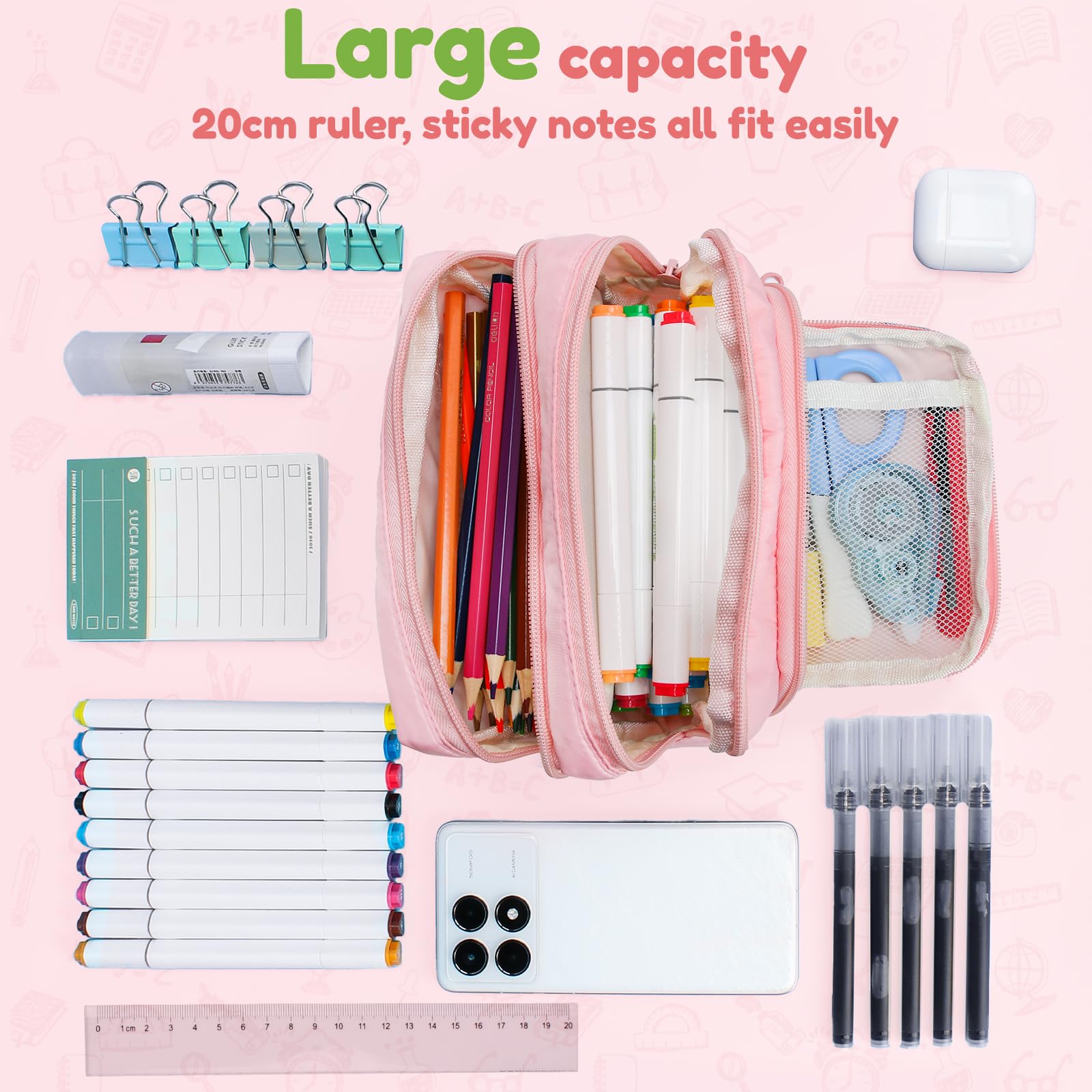 Euqvunn Pencil Case, Large Capacity Pen Case with 3 Compartments, Stationery Pouch for School & Office Supplies, Pink - Image 3
