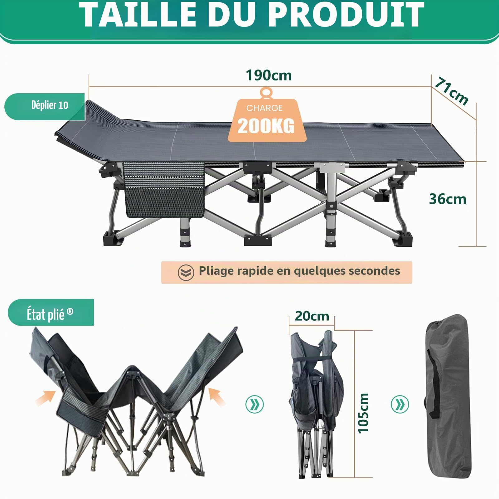 190x71x36CM Lit de Camp Pliant pour Adultes Camping en Plein air avec Coussin et Poche latérale, Cadre en Acier + Tissu Oxford
