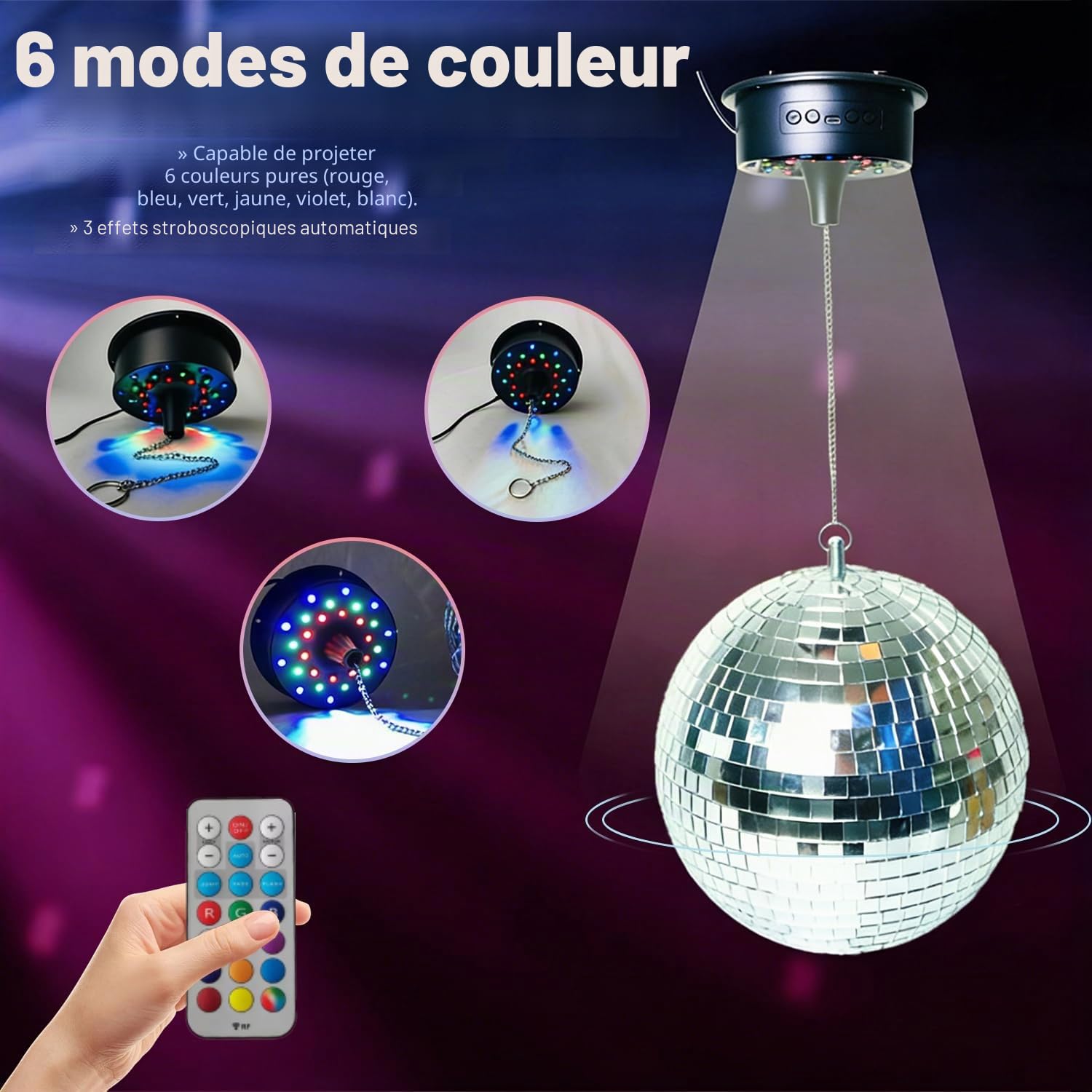 Boule à facettes avec moteur et lumière - 20 cm - Avec moteur rotatif et télécommande - 6 modes de couleur et 30 perles LED - Décoration pour clubs, bars, discothèques et événements