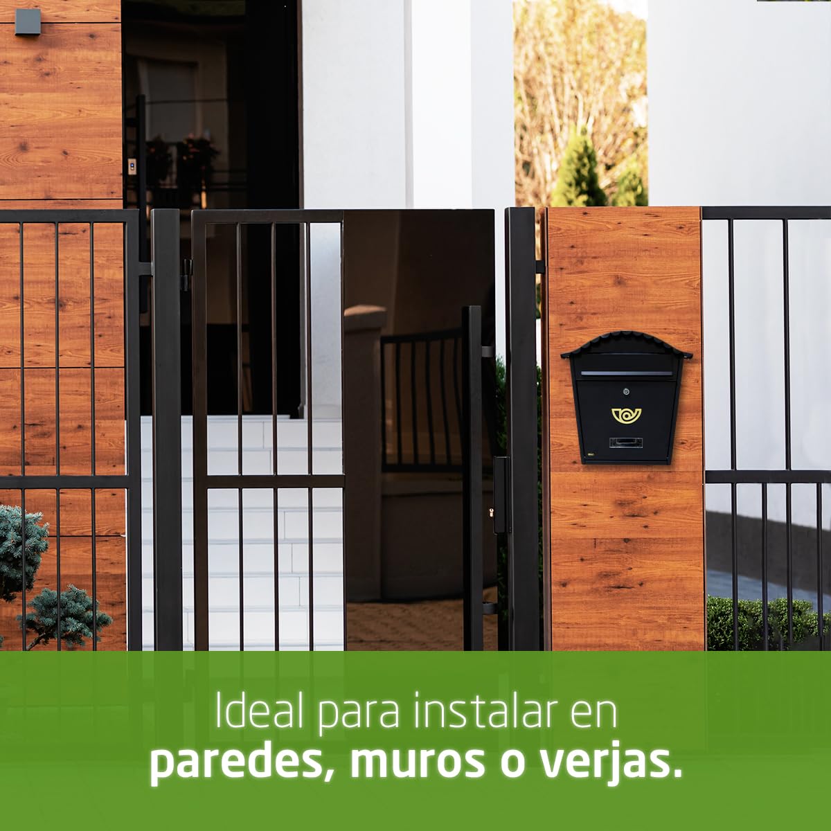 Amig - Buzón Exterior de Pared - Tamaño Compacto para DIN A4 - Apertura Frontal con Cerradura - Acero - Negro - Fácil de Instalar en Puertas o Verjas - 37 x 36 x 10,5 cm