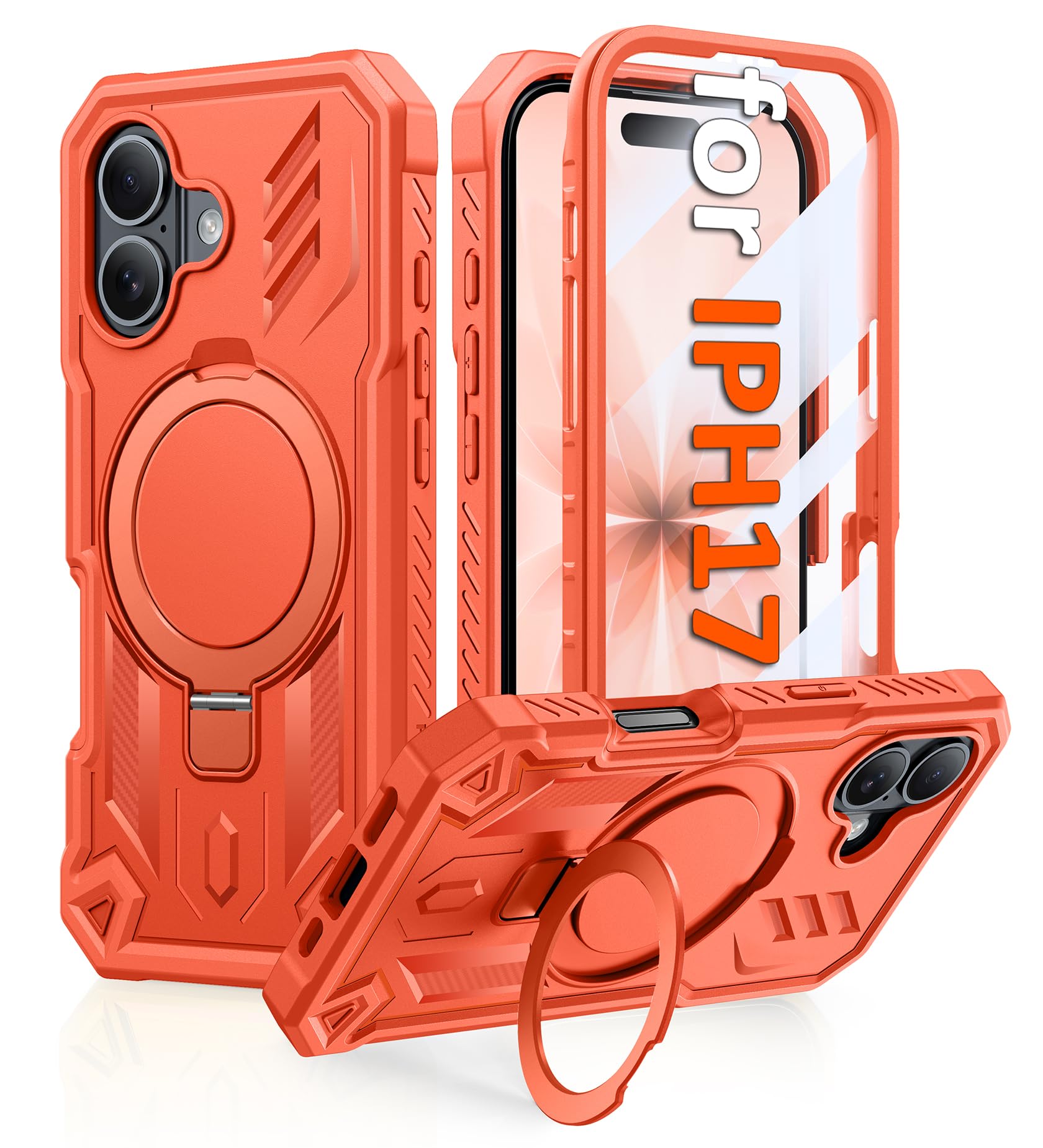 FNTCASE Coque de téléphone pour téléphone : coque magnétique avec protection d'écran intégrée | Anneau béquille de qualité militaire antichoc robuste | Coques robustes – 6,3 pouces (orange)
