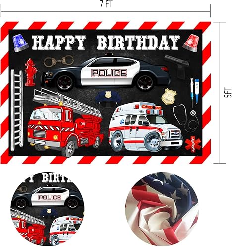 Miniatura 2 de MTMETY Telón de fondo de 5 x 3 pies de tela suave y duradera de feliz cumpleaños, ambulancia, camión de bomberos, policía, fondo rojo y blanco, tira