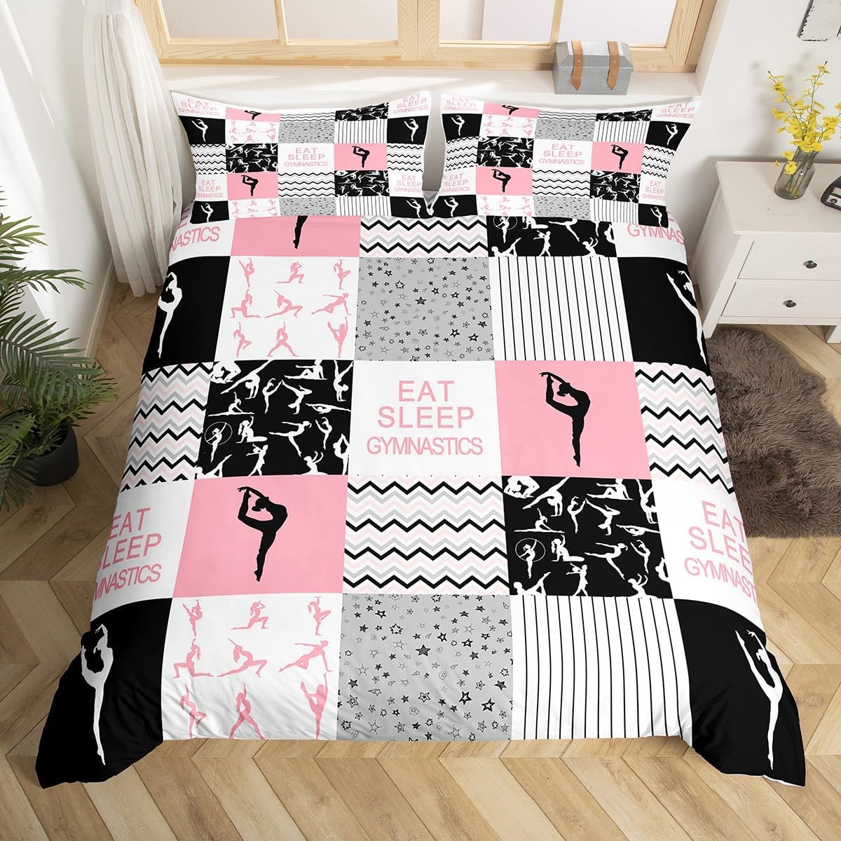 Gymnastics Girls Duvet Cover Set Twin Size Pink Black Geometric Plaid Bedding Set 2pcs for Kids Women Gymnast Youth Bedroom Sports Dancing Comforter Cover Modern Stripes Quilt Cover,1 Pillowcase