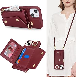 Lipvina Crossbody Wallet Case for iPhone 14,Wine Red | Features a Secure Zipper Pocket,3 Card Holder, Lanyard Strap, and 360° Ring Stand. Cute PU Leather Cover for Women.