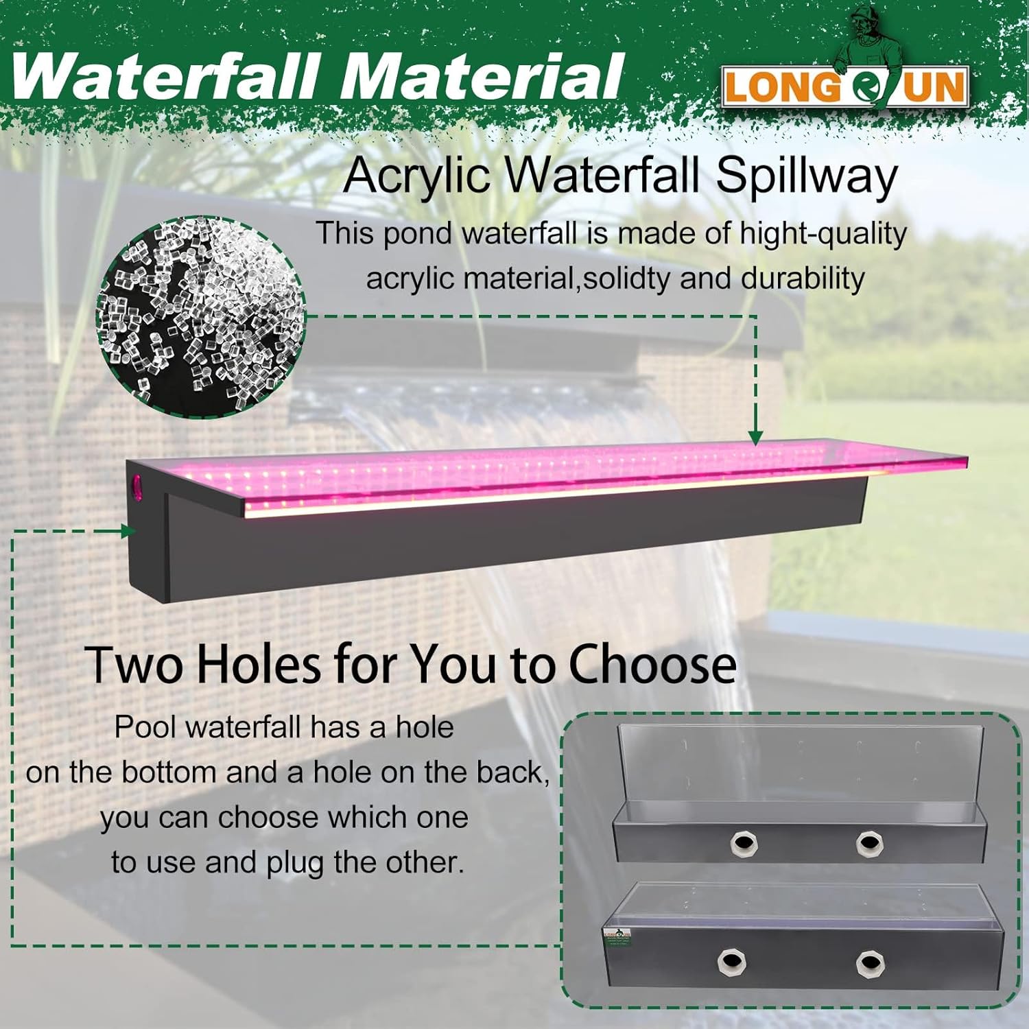 LONGRUN 90cm Pond Waterfall Blade,Acrylic Pool Fountain with RGB Bluetooth LED Light, Complete Waterfall & Stream Kits for Outdoor Water Features