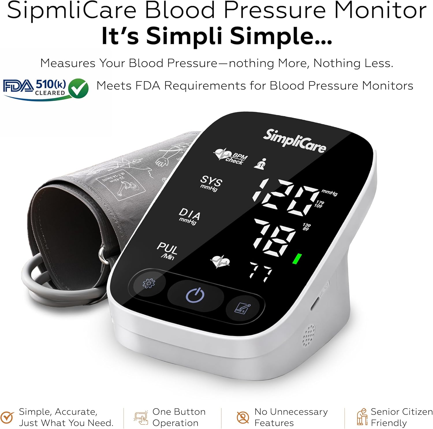 Upper Arm Blood Pressure Monitor for Home Use, FDA 510(k) Cleared Class II Medical Device, Wide-Range Cuff 22–42 cm, Large 5.2" LED Display, Dual User, USB-C & Battery (AES-U382)