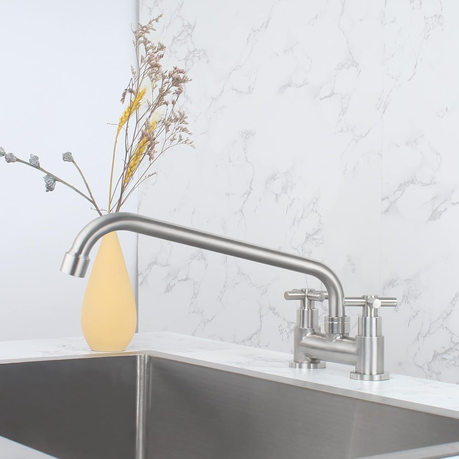 Commercial Kitchen Bar Faucet 4 Inch Center Stainless Steel Brush Nickel Deck Mount 2 Hole 2 Handle Bridge Restaurant Laundry Utility Faucet 11 Inch Spout SSKF10-1C