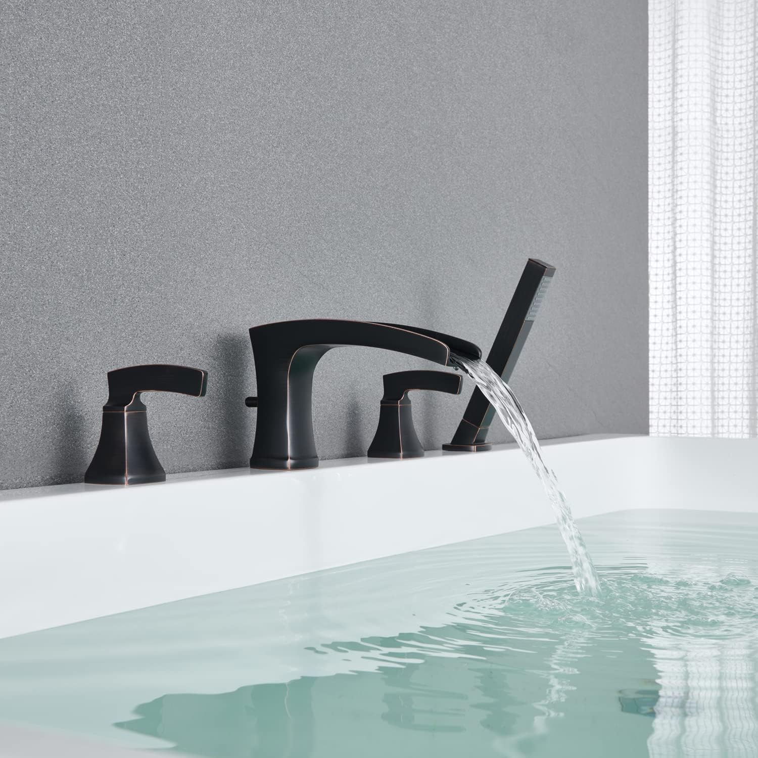 Waterfall Tub Filler Roman Tub Faucet Oil Rubbed Bronze Deck Mount Bathtub Faucets 4 Hole Brass Bathroom Faucets with Hand Shower