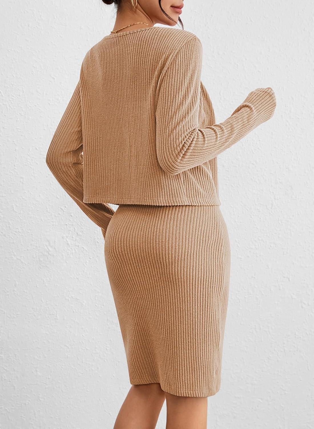 Sovoyontee Women Fall Knit Sweater Dress Set Bodycon Midi Dresses Long Sleeve Cropped Cardigan 2 Piece Outfits - Image 6