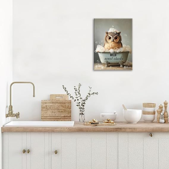 Owl Canvas Wall Art Owls Bathroom Decor Hello Sweet Cheeks Pictures Painting Owl Prints Modern Artwork for Bathroom Living Room Bedroom Office Framed Wall Decor 12x16