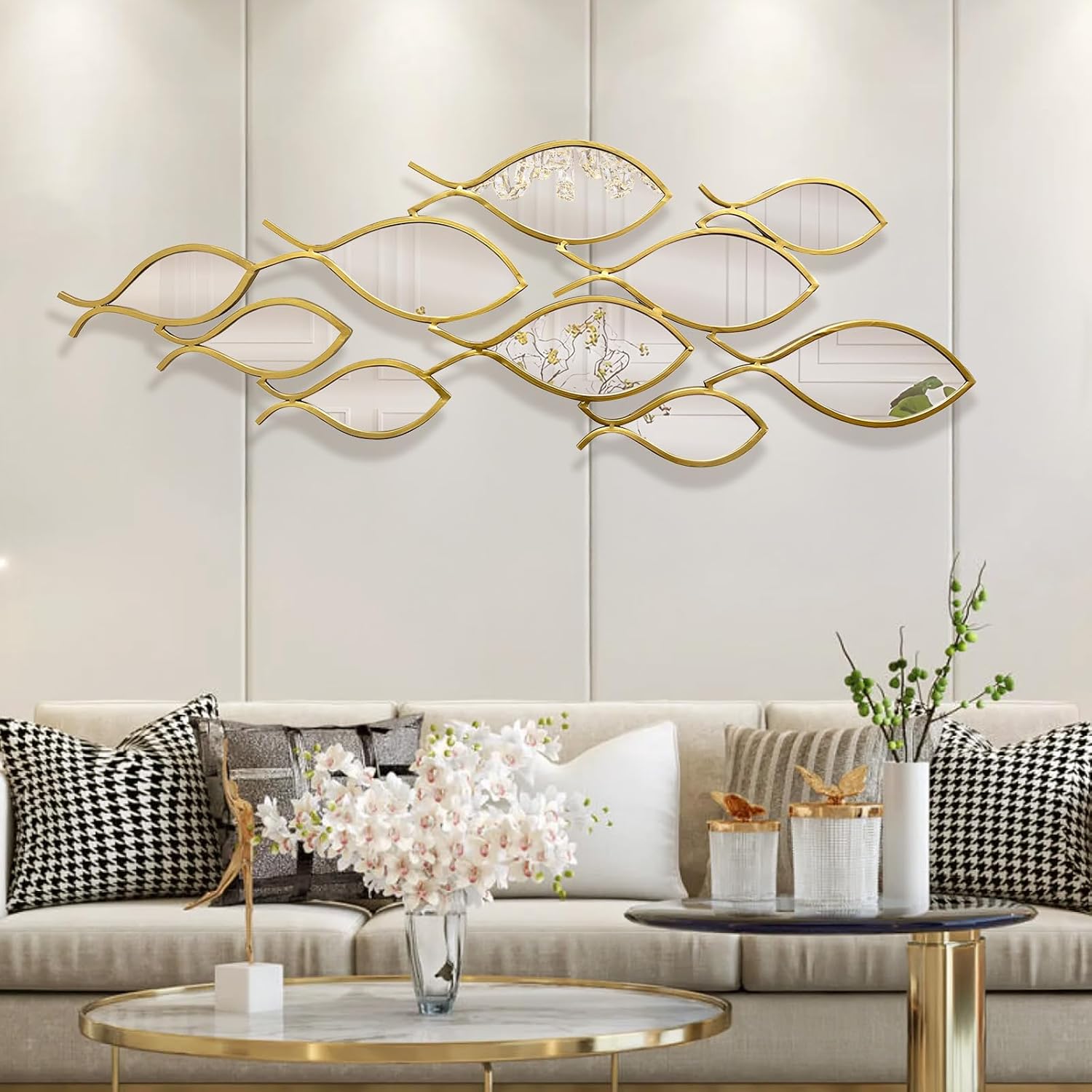 BECHAEO 3D Coastal Large Metal Fish Mirror Wall Decor 41"x 15" Fish Decorative Mirror Sculpture Gold Metal Wall Art Ocean Deco for Living Dining Room Bathroom Bedroom Entryway