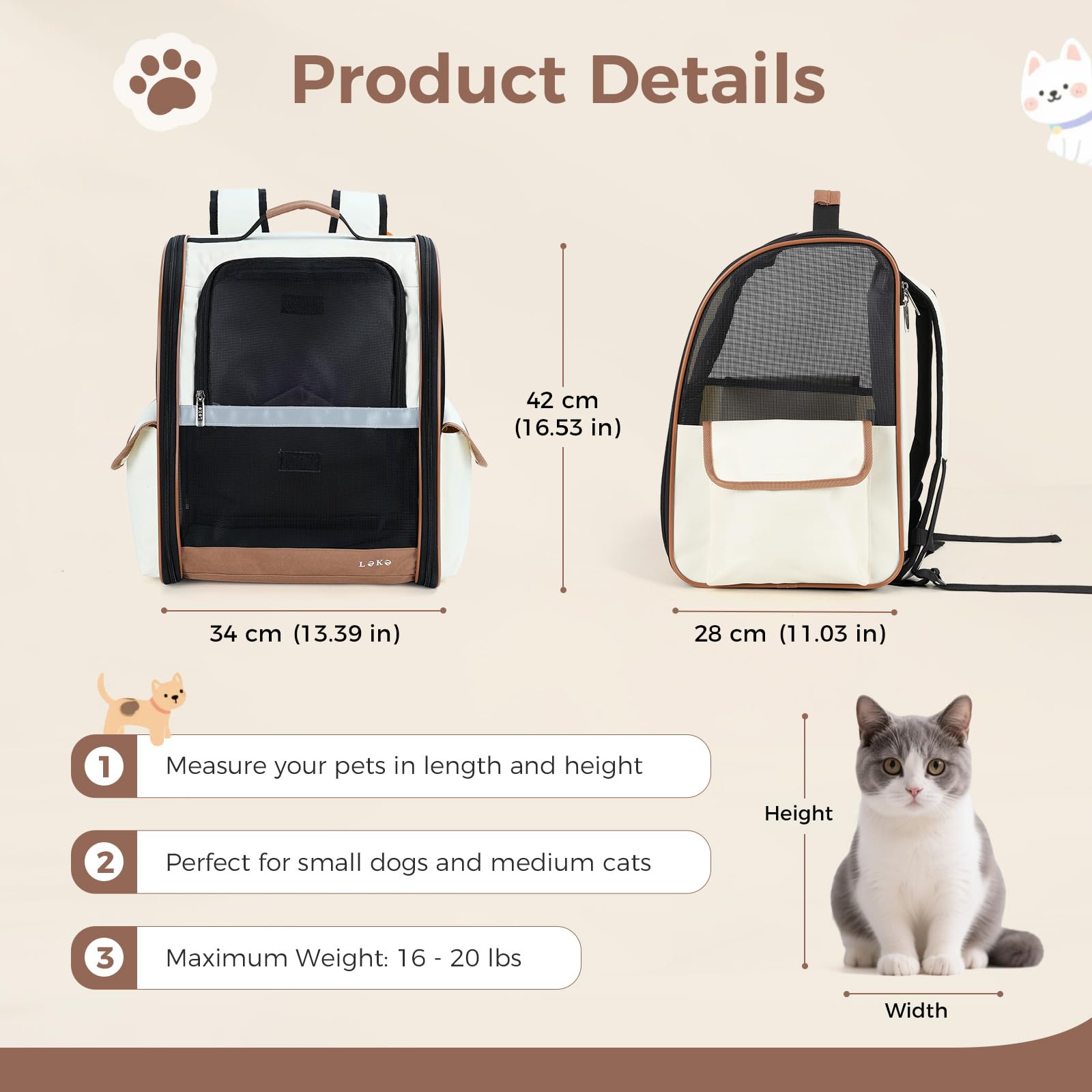 HundeRucksack und KatzenRucksack für Mittel/Kleine Haustiere(2-8KG), Haustier Rucksack mit Netzfenster für Wandern, Reisen, Outdoor (Beige)