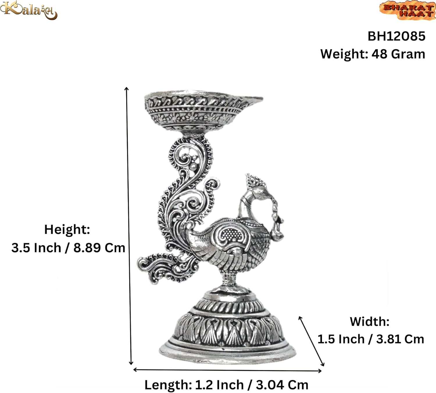Silver Peacock Diya 3.5 Inch Traditional Oil Lamp for Home Temple Mandir Puja Room Festival Decoration Spiritual Gift 1 Piece