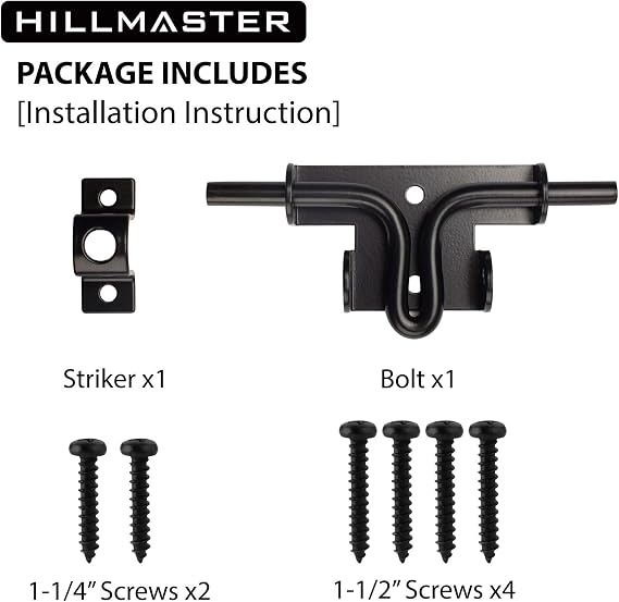Hillmaster Slide Bolt Gate Latch for Wooden Fence Door Lock With Padlock Hole, Heavy Duty Sliding Lock, Black Barrel Bolt Latches Hardware for Wood Vinyl Fence Barn Shed